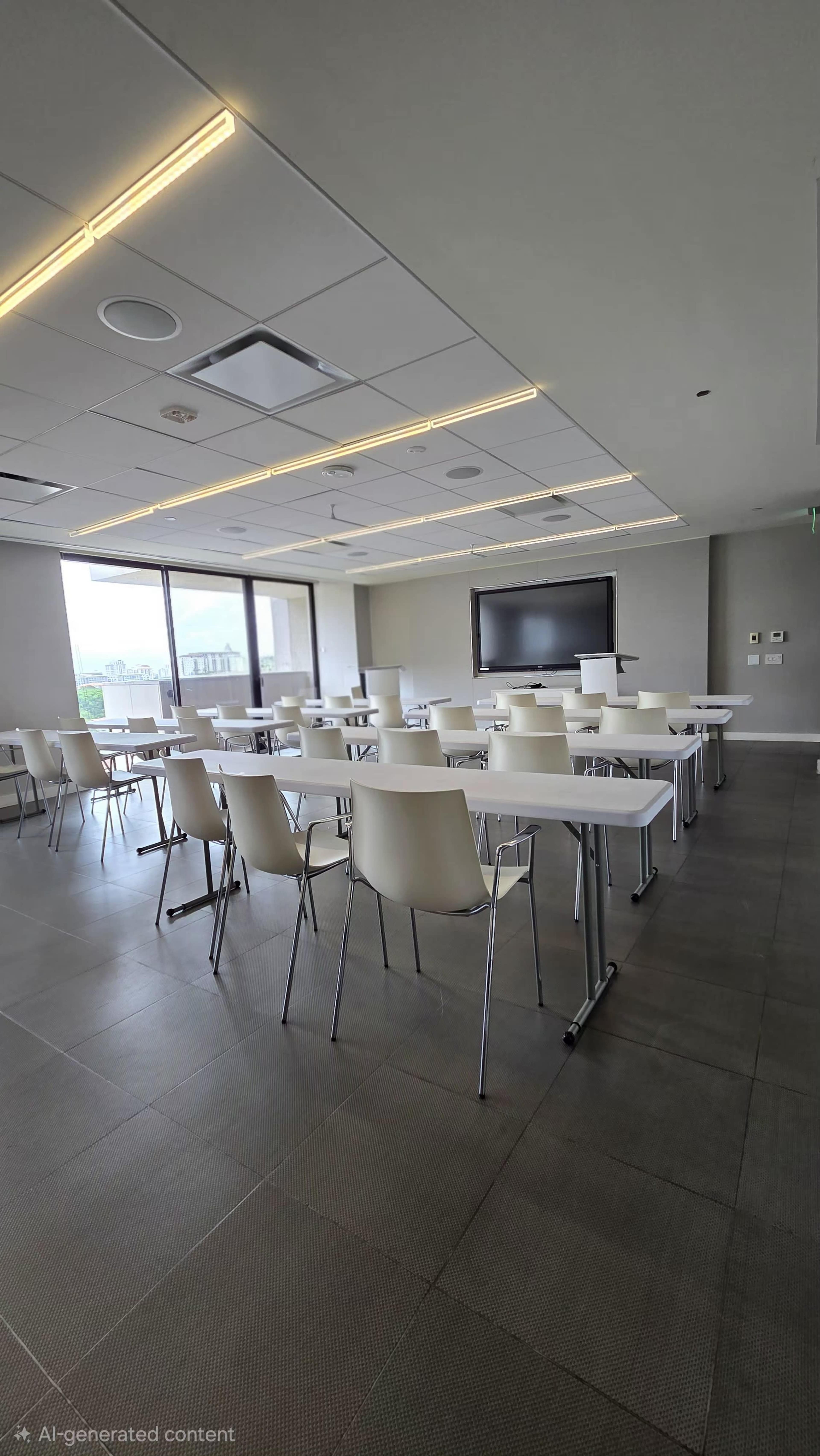 The image shows a modern meeting room with several white tables and chairs arranged in a row, featuring large windows and a wall-mounted screen.