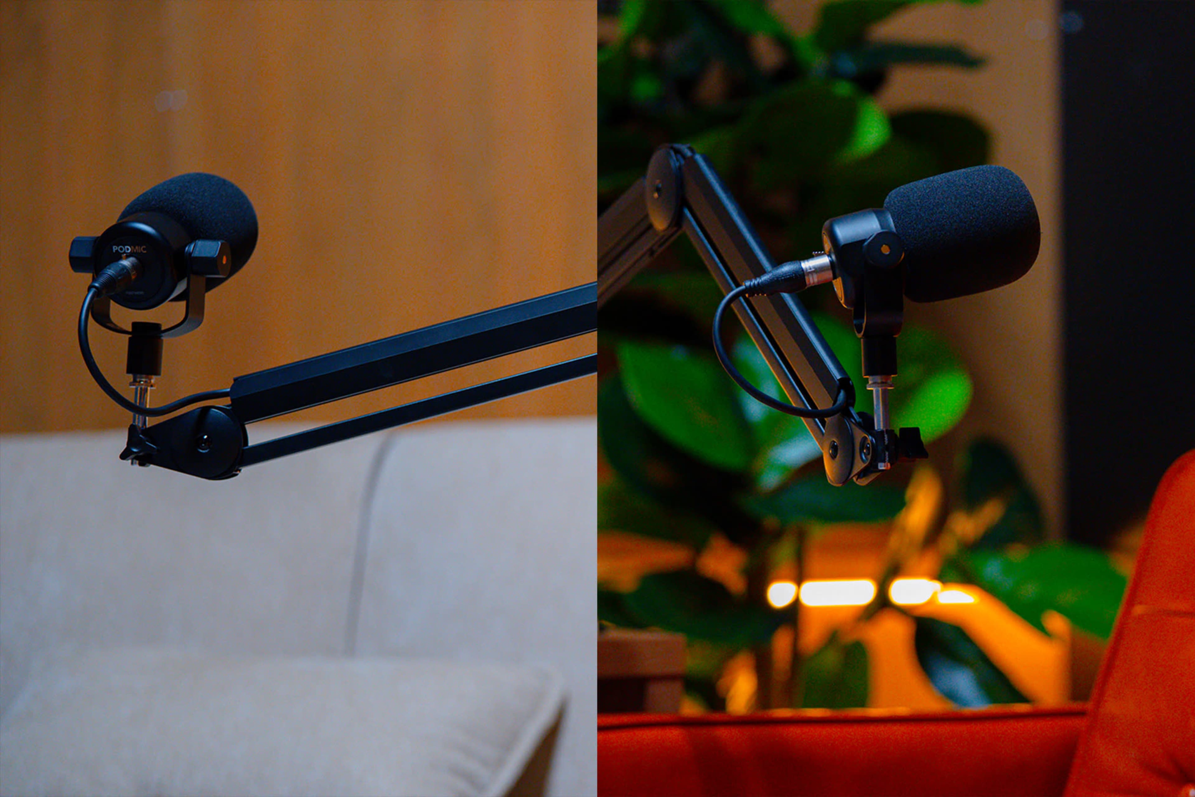 The image shows two microphones mounted on adjustable arms, set against a backdrop of plants and furniture in contrasting colors.