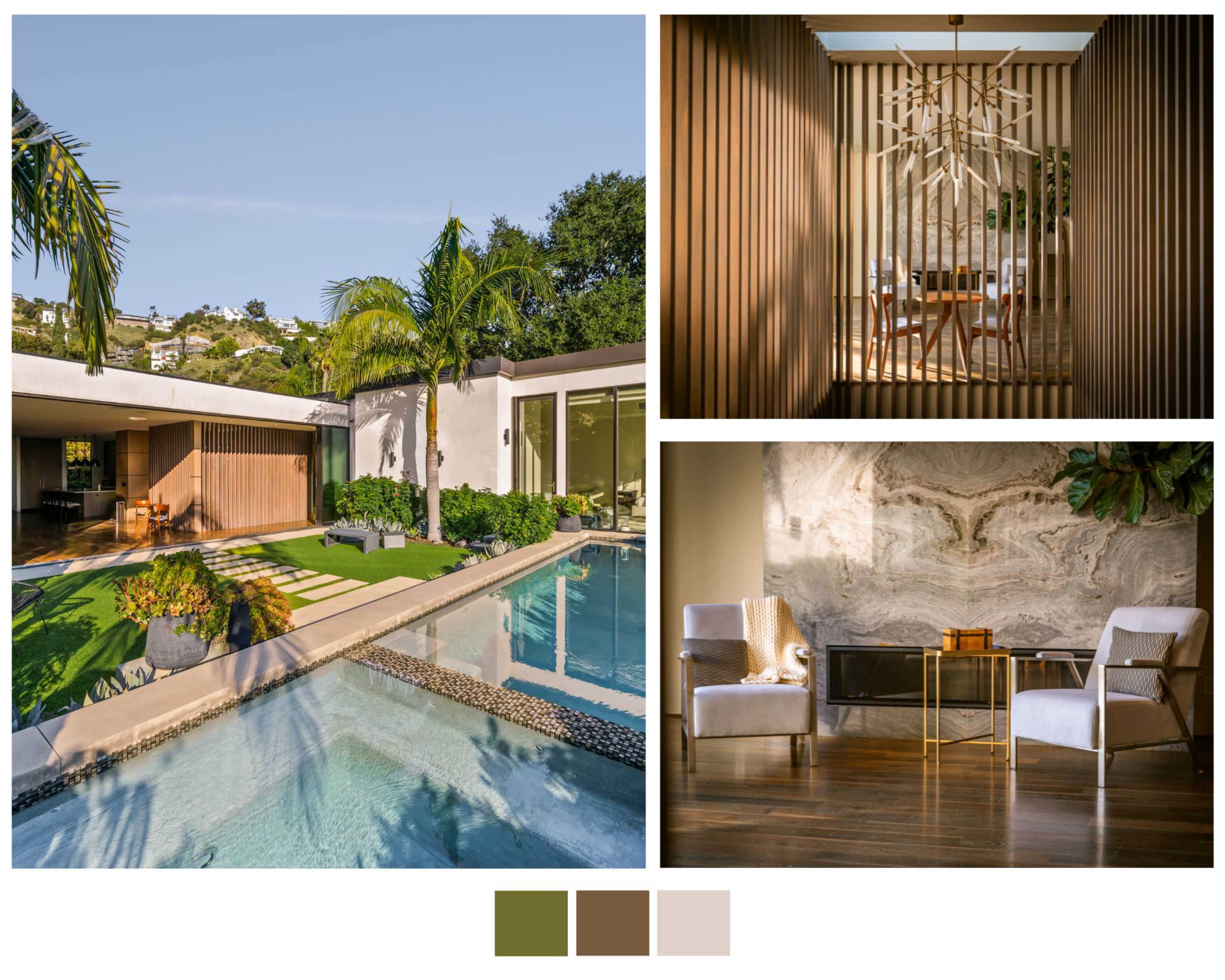 A modern home featuring a serene outdoor pool area, an elegant dining space with decorative wood slats, and a stylish sitting area with plush chairs and a decorative wall.