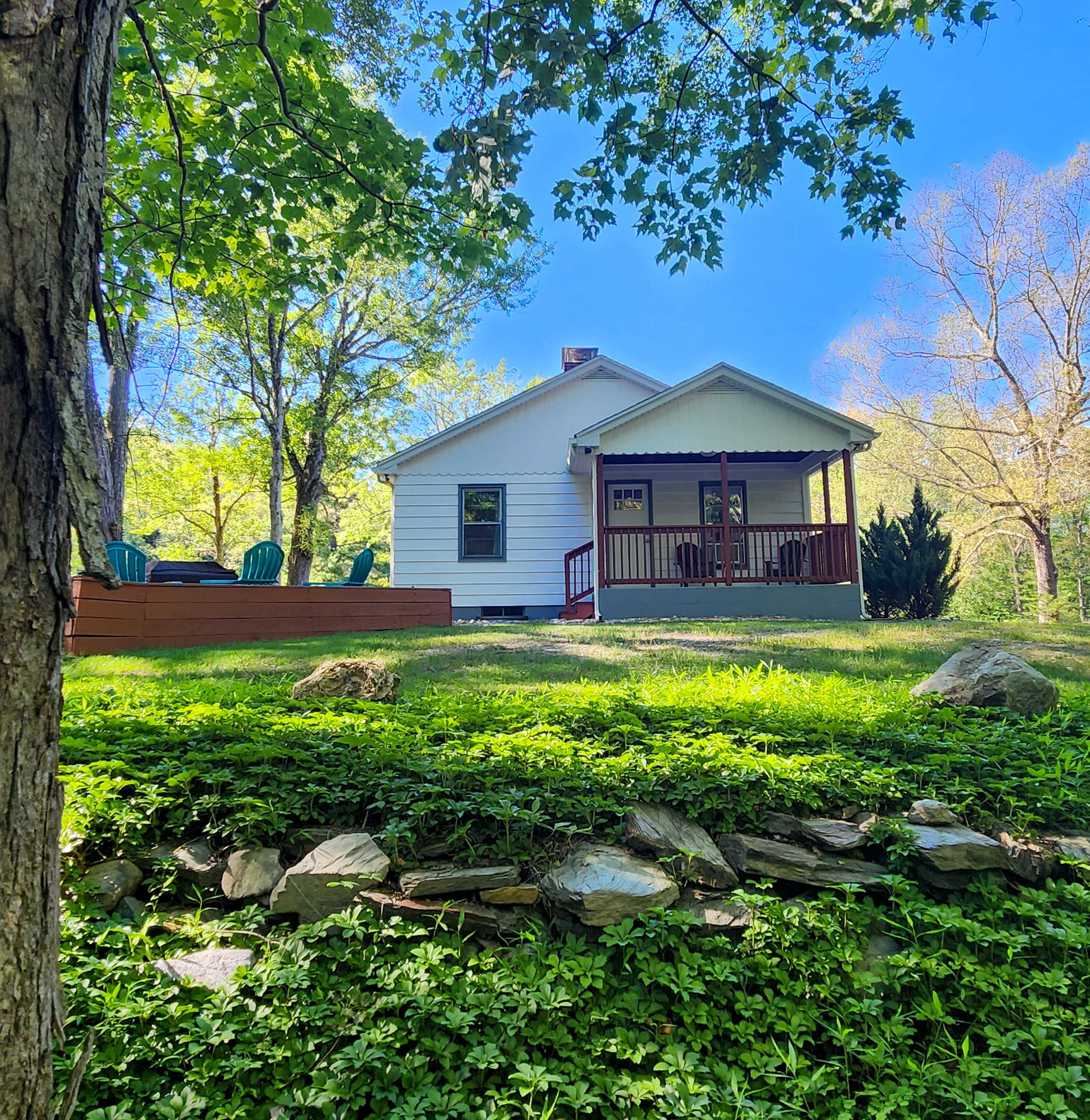 A white house with a porch is surrounded by trees and greenery, with a wooden deck in the foreground.