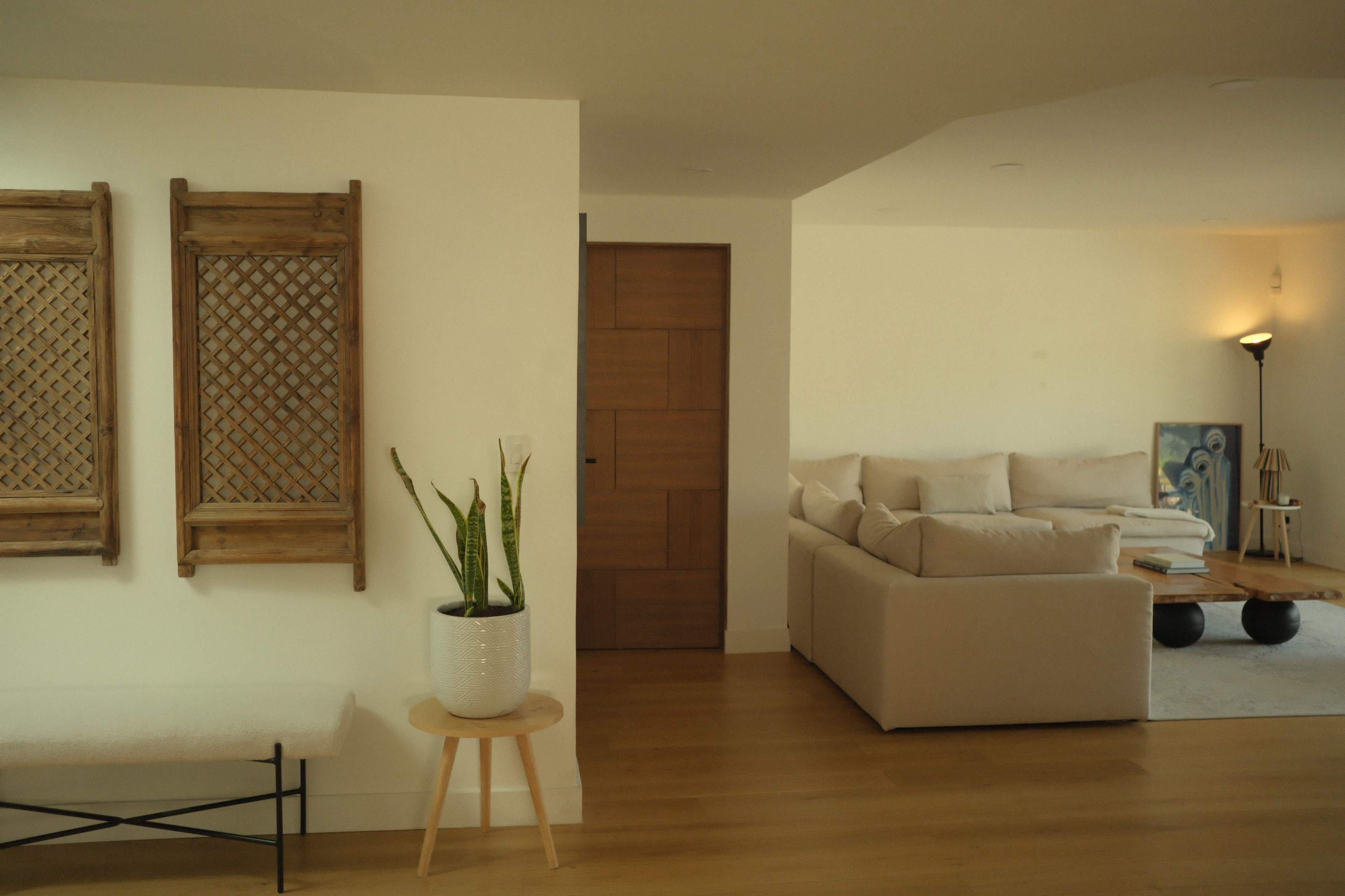 The image shows a modern living space featuring a light-colored sofa, a wooden coffee table, and decorative wall art, with a plant in a white pot beside a seating area and a closed wooden door.