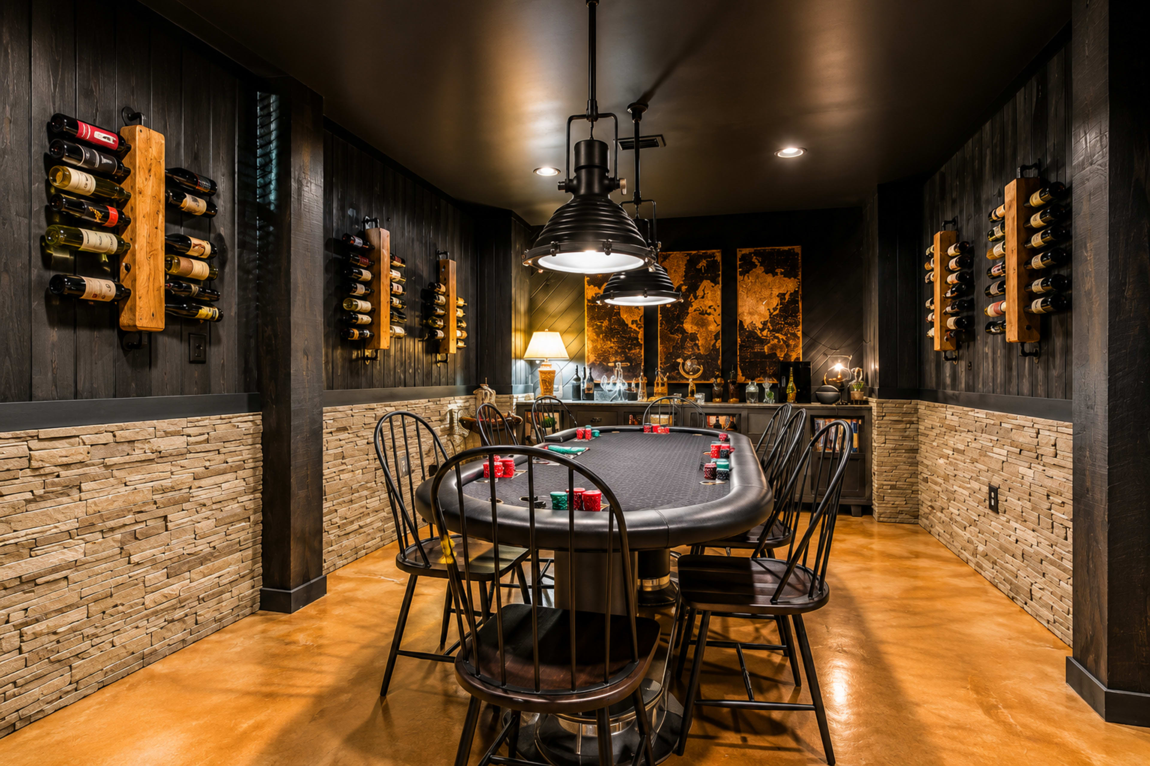 The image shows a dimly lit gaming room featuring a poker table with chairs, wine racks on the walls, and a stone accent wall.