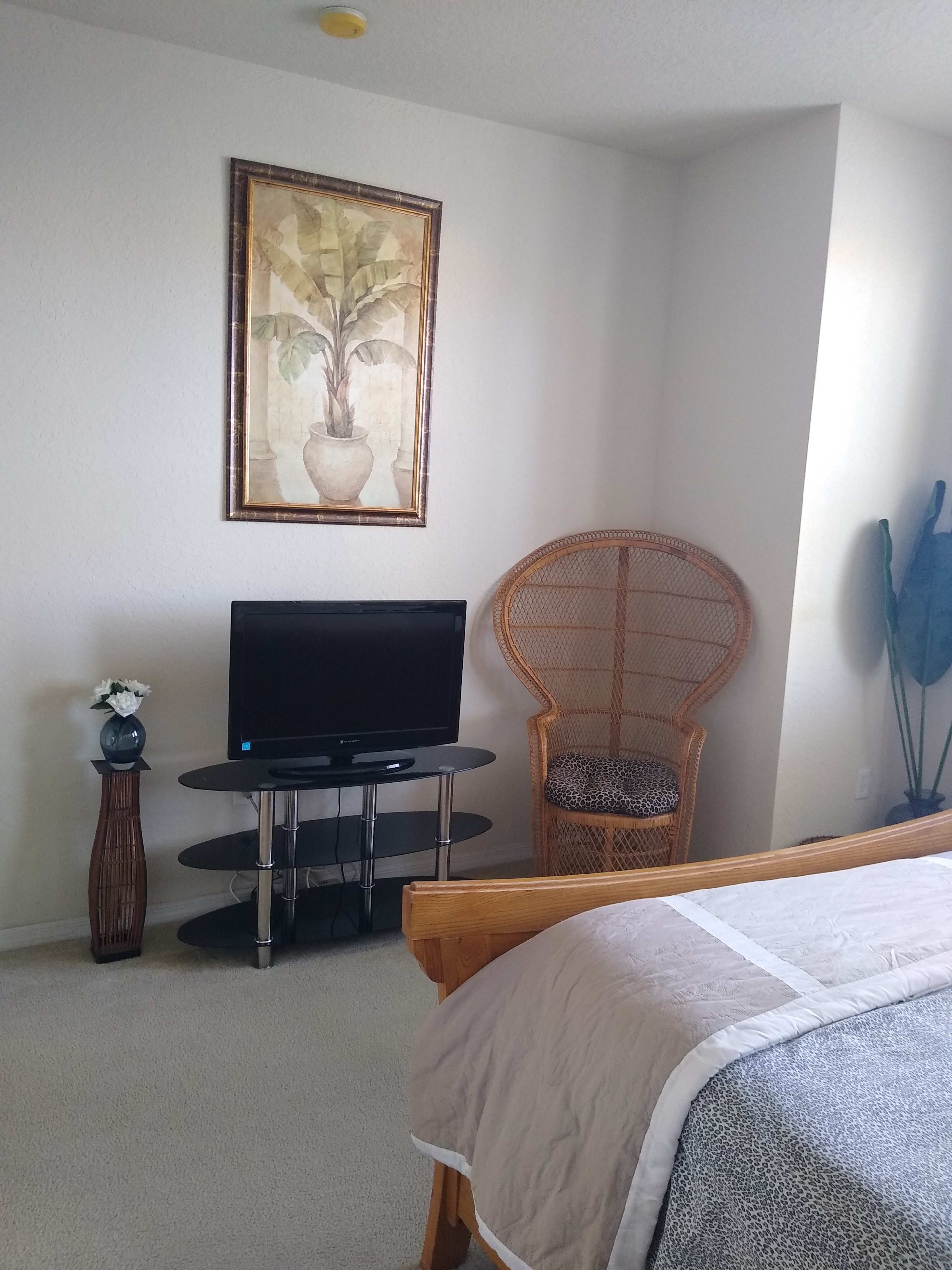 A bedroom with a wooden bed, a black television on a stand, a wicker chair in the corner, and a framed painting on the wall.