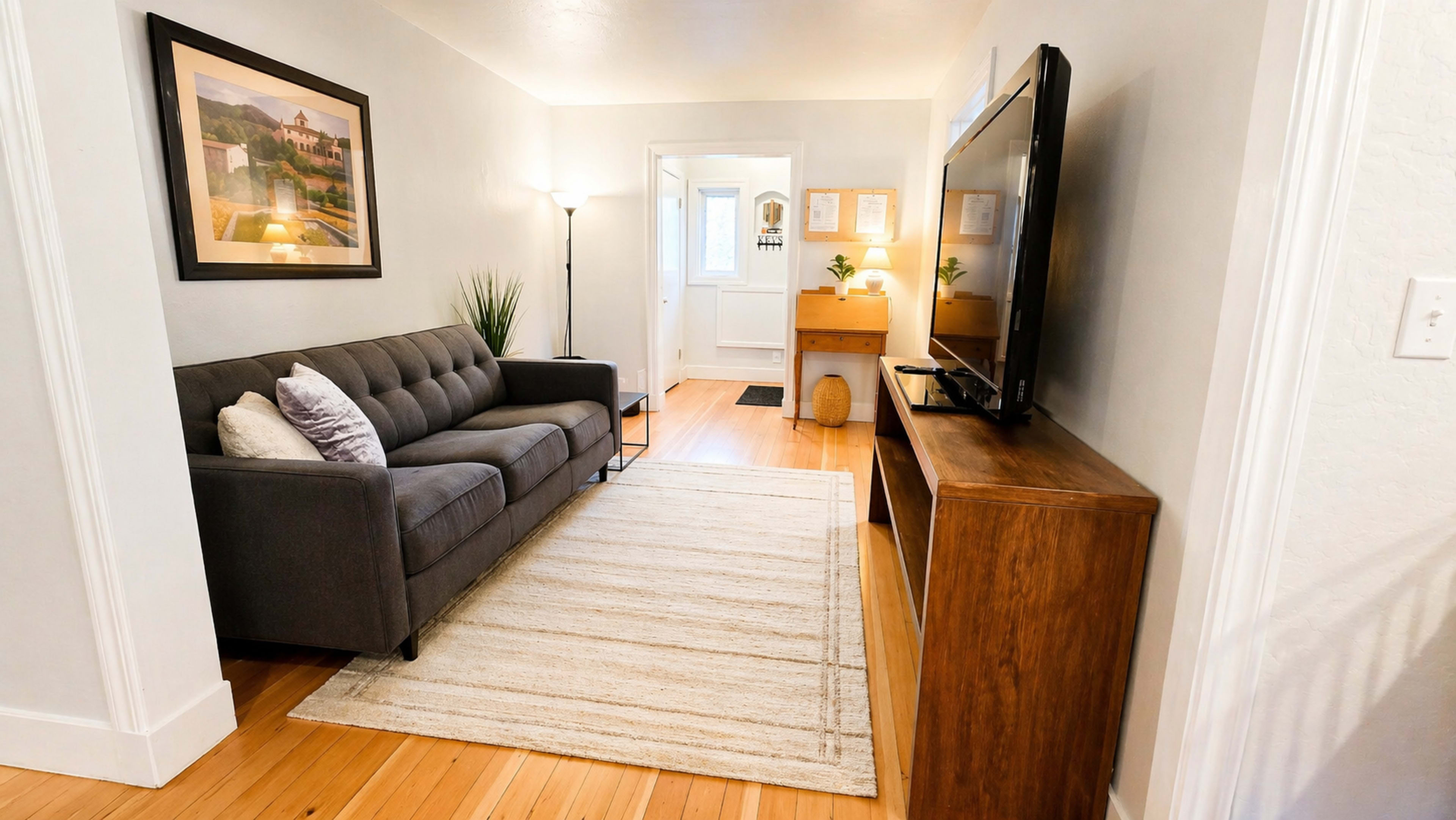 The image shows a well-lit living room featuring a gray sofa, a wooden TV stand, and a light-colored area rug on a hardwood floor.