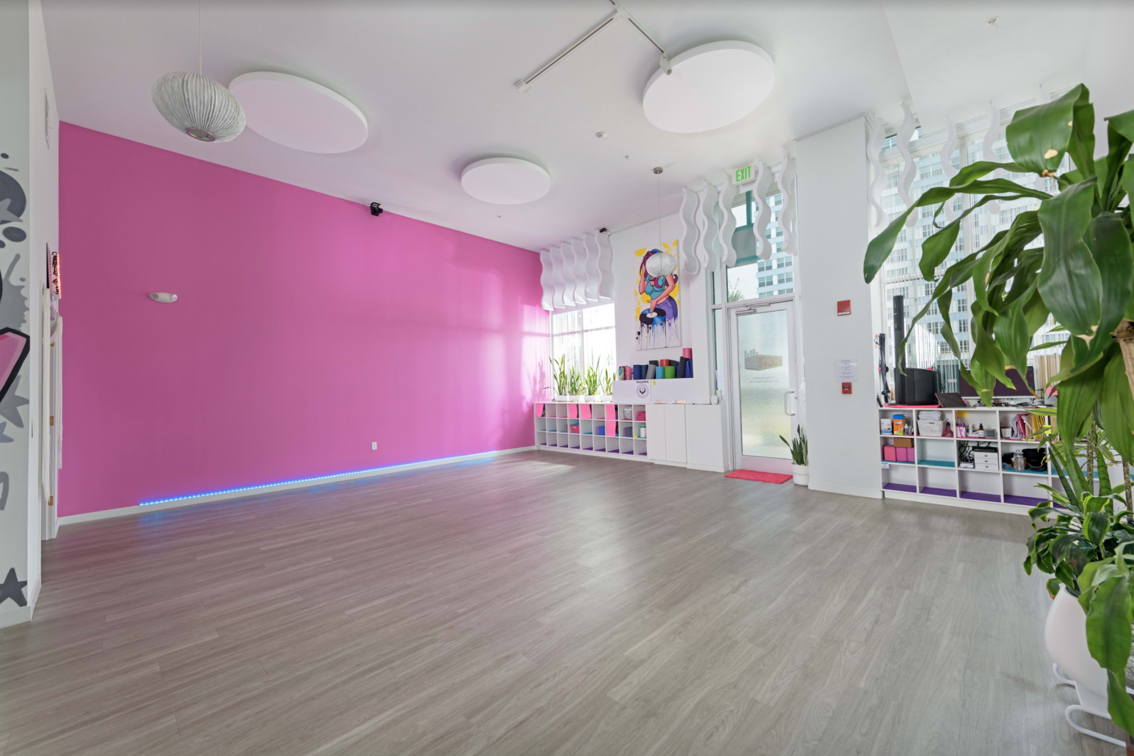 A brightly lit interior space with a pink accent wall, large circular ceiling lights, wooden flooring, and plants near a decorative shelving unit.