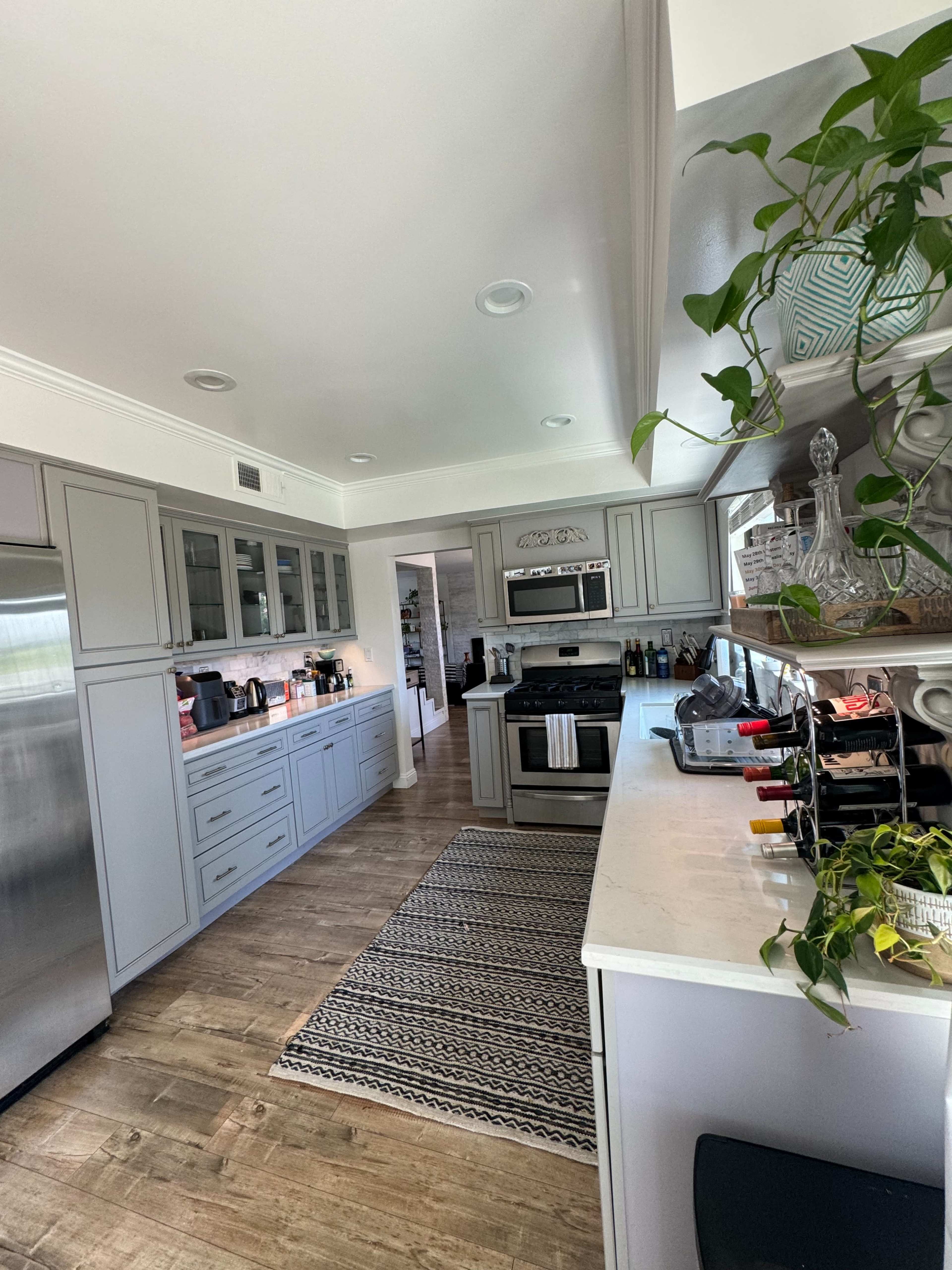 The image shows a modern kitchen with gray cabinets, a stainless steel refrigerator, and a countertop featuring various appliances and a small plant.
