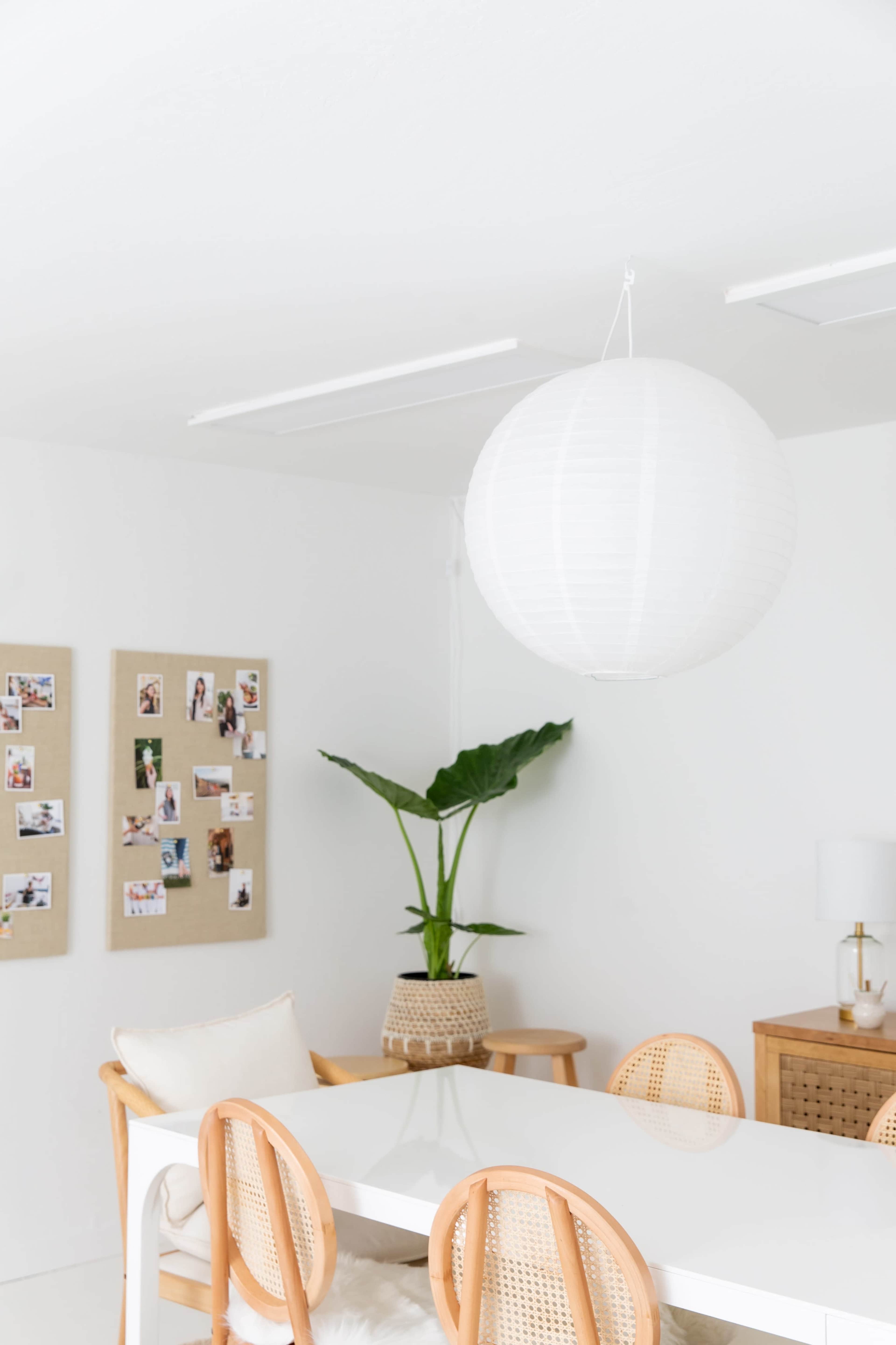 A bright, modern interior space features a round paper lantern, a potted plant, a wooden table with rattan chairs, and bulletin boards displaying photographs.