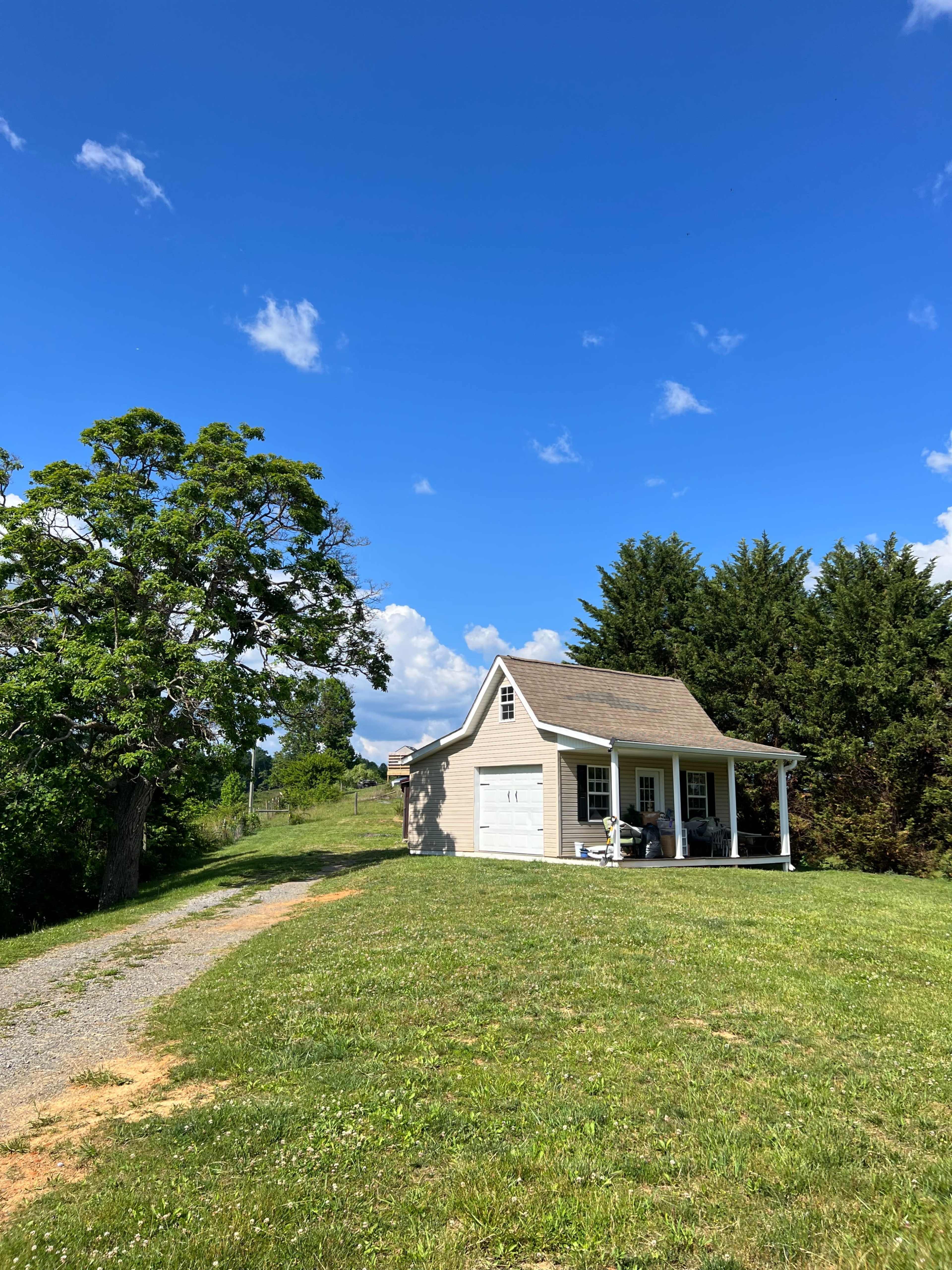 A small house with a porch sits on a grassy hill, surrounded by trees under a clear blue sky.