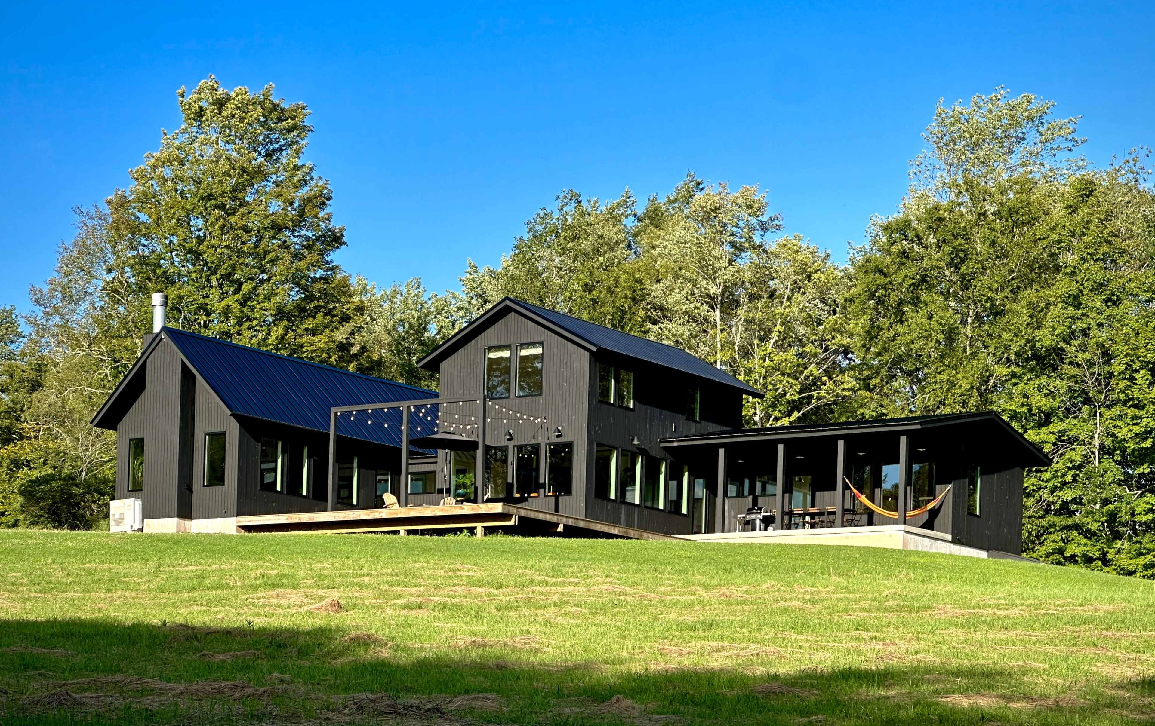 A modern black house with a metal roof is situated on a grassy expanse surrounded by trees.