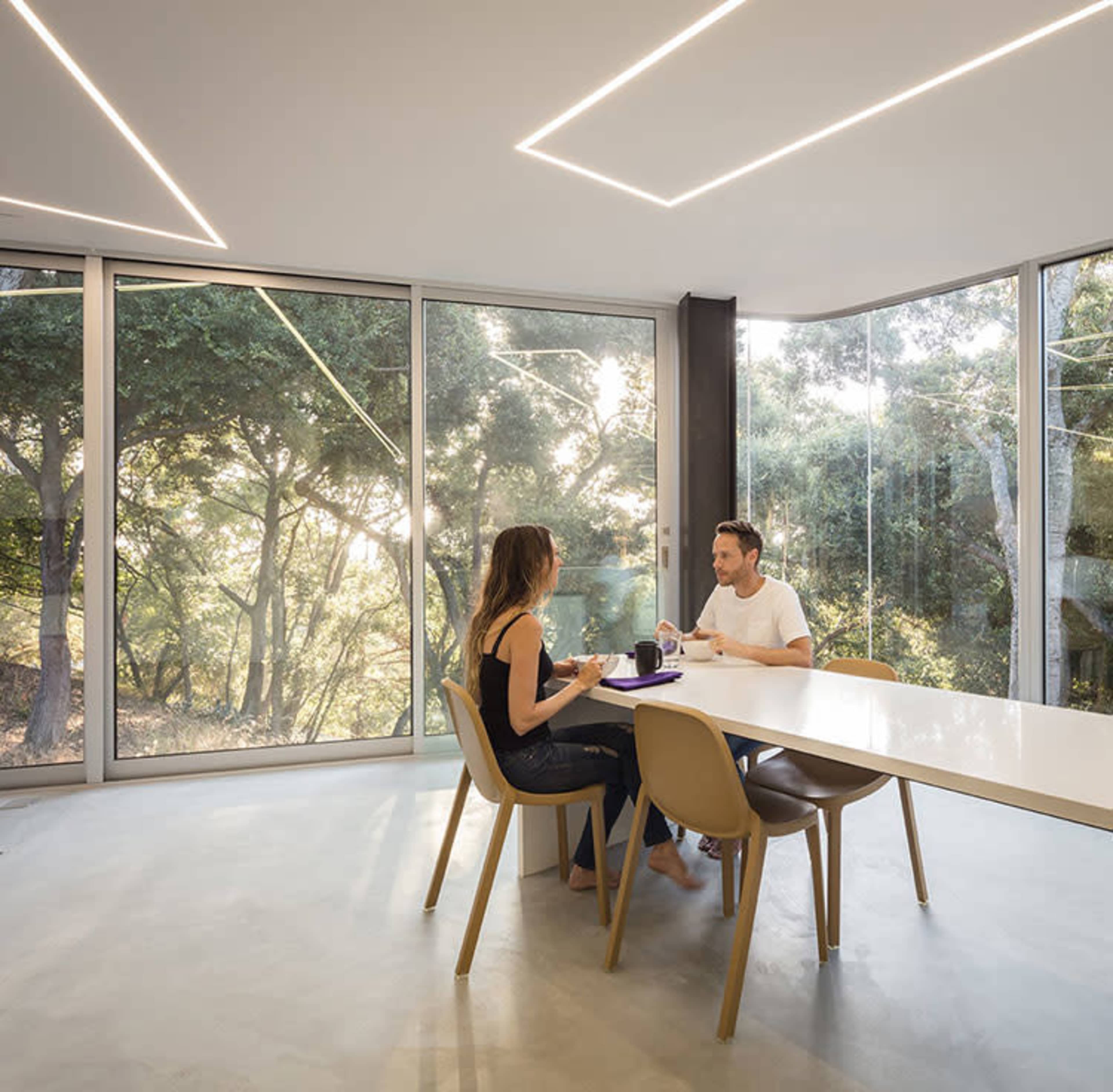 Two people sit at a modern table in a brightly lit room with large glass windows overlooking greenery.