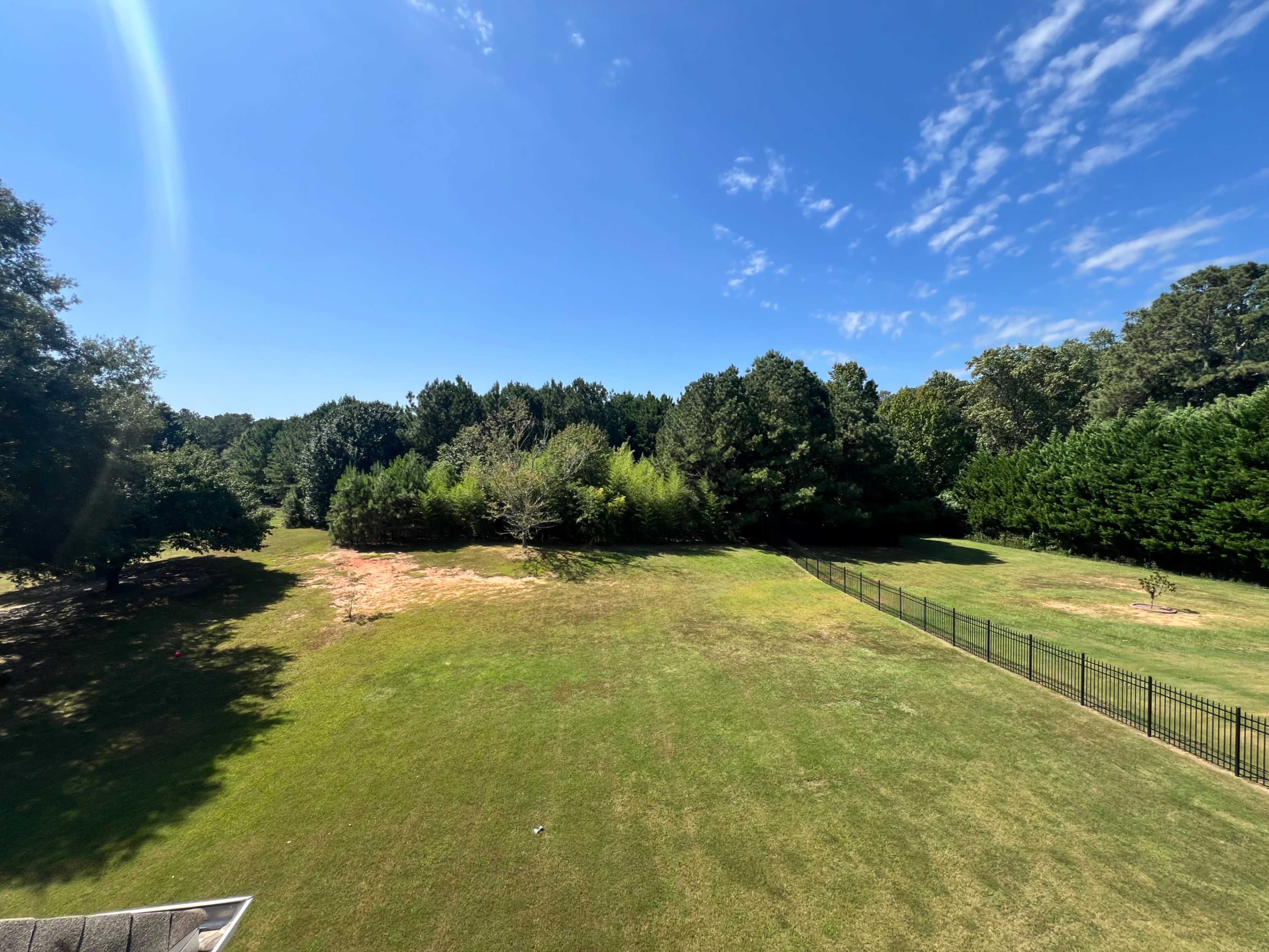 A clear blue sky stretches over a green landscape with trees lining the horizon and a fenced area in the foreground.