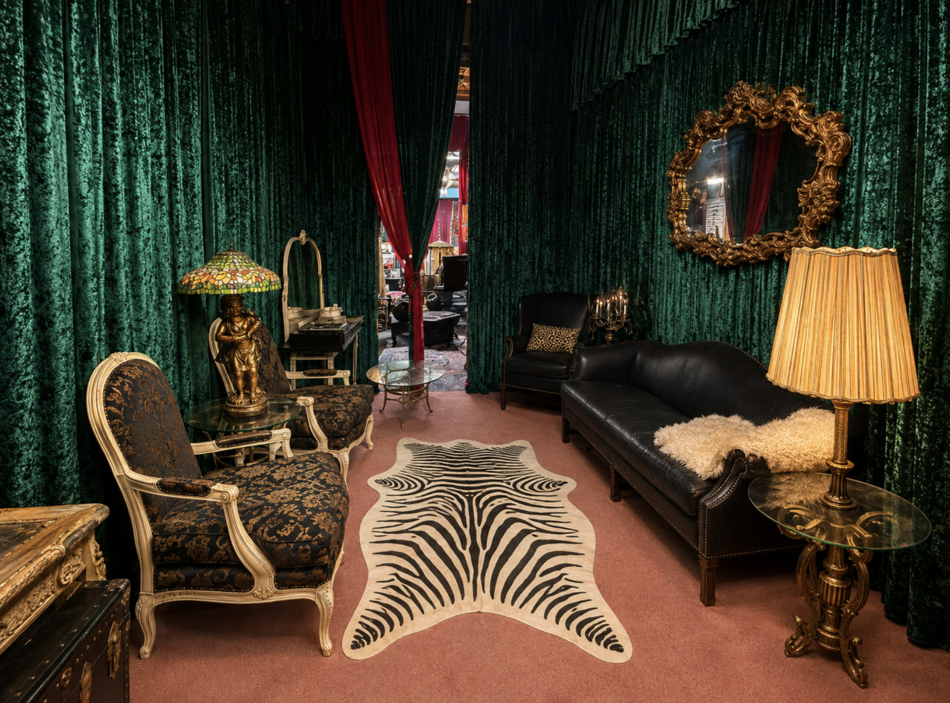 The room features green velvet curtains, a black leather sofa, ornate chairs, and a zebra-striped rug on the pink carpet.