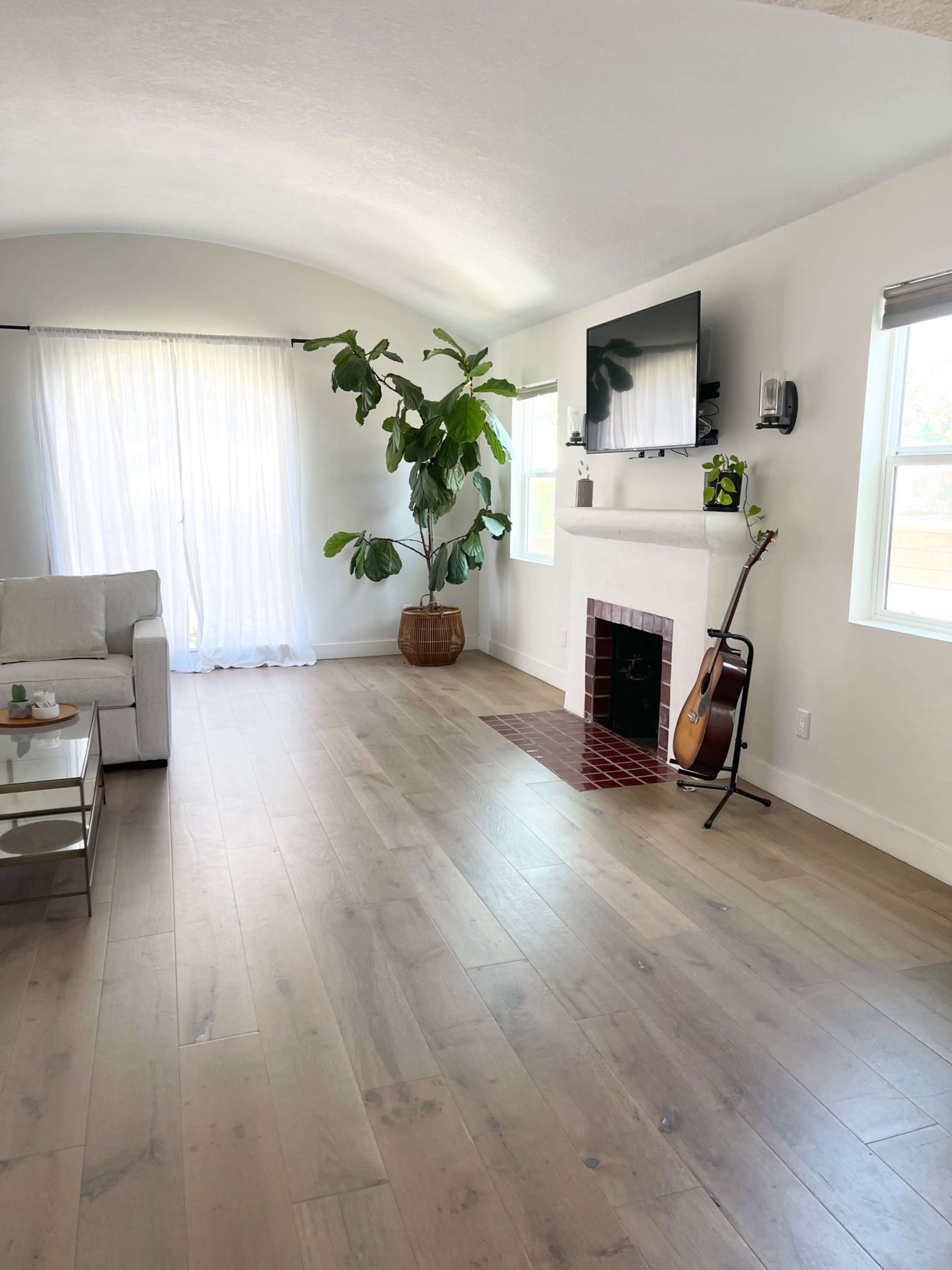 The room features a light-filled area with a sofa, a flat-screen TV mounted above a white fireplace, and a large potted plant in the corner.