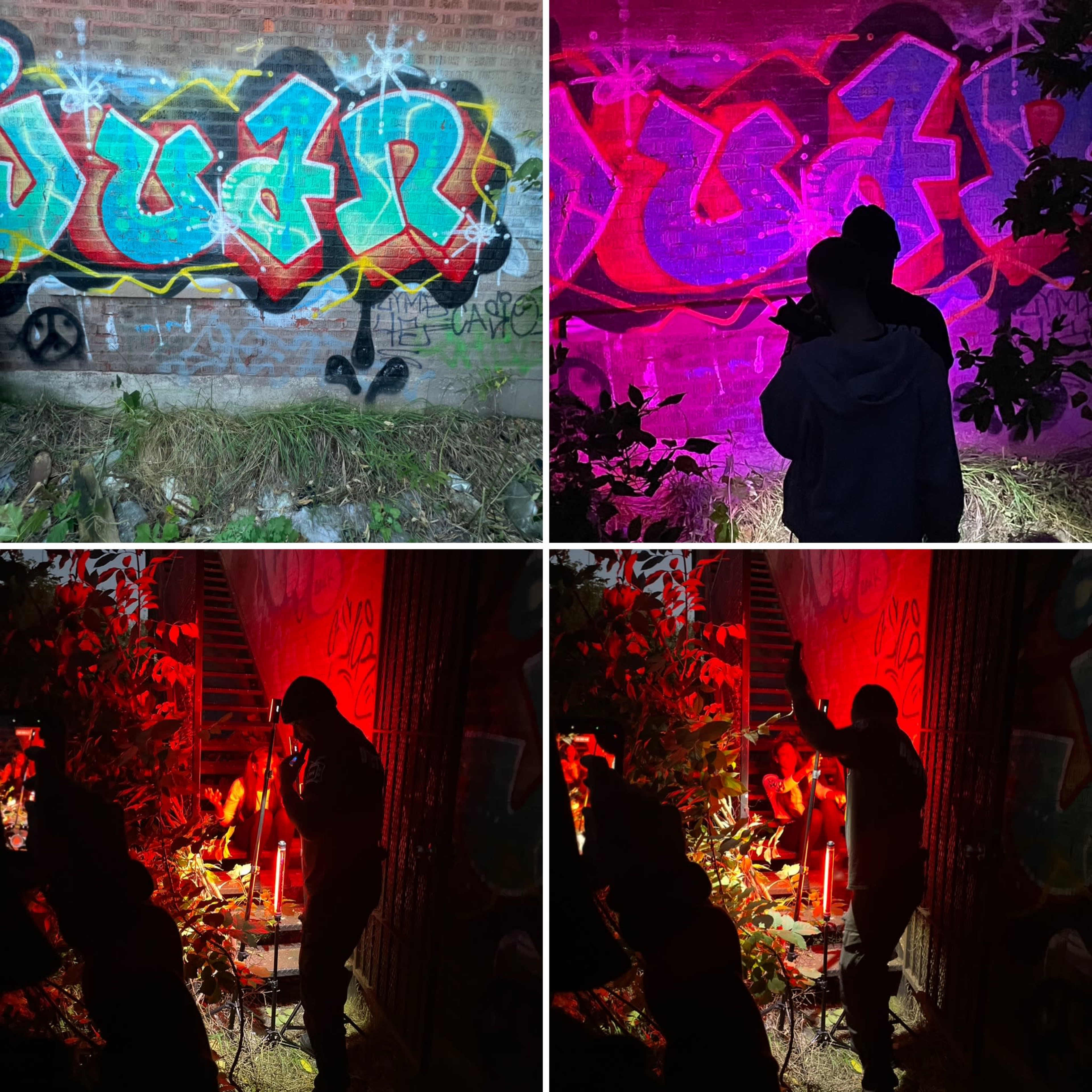 The image features urban graffiti on a brick wall, with figures silhouetted against brightly colored backgrounds created by lighting.