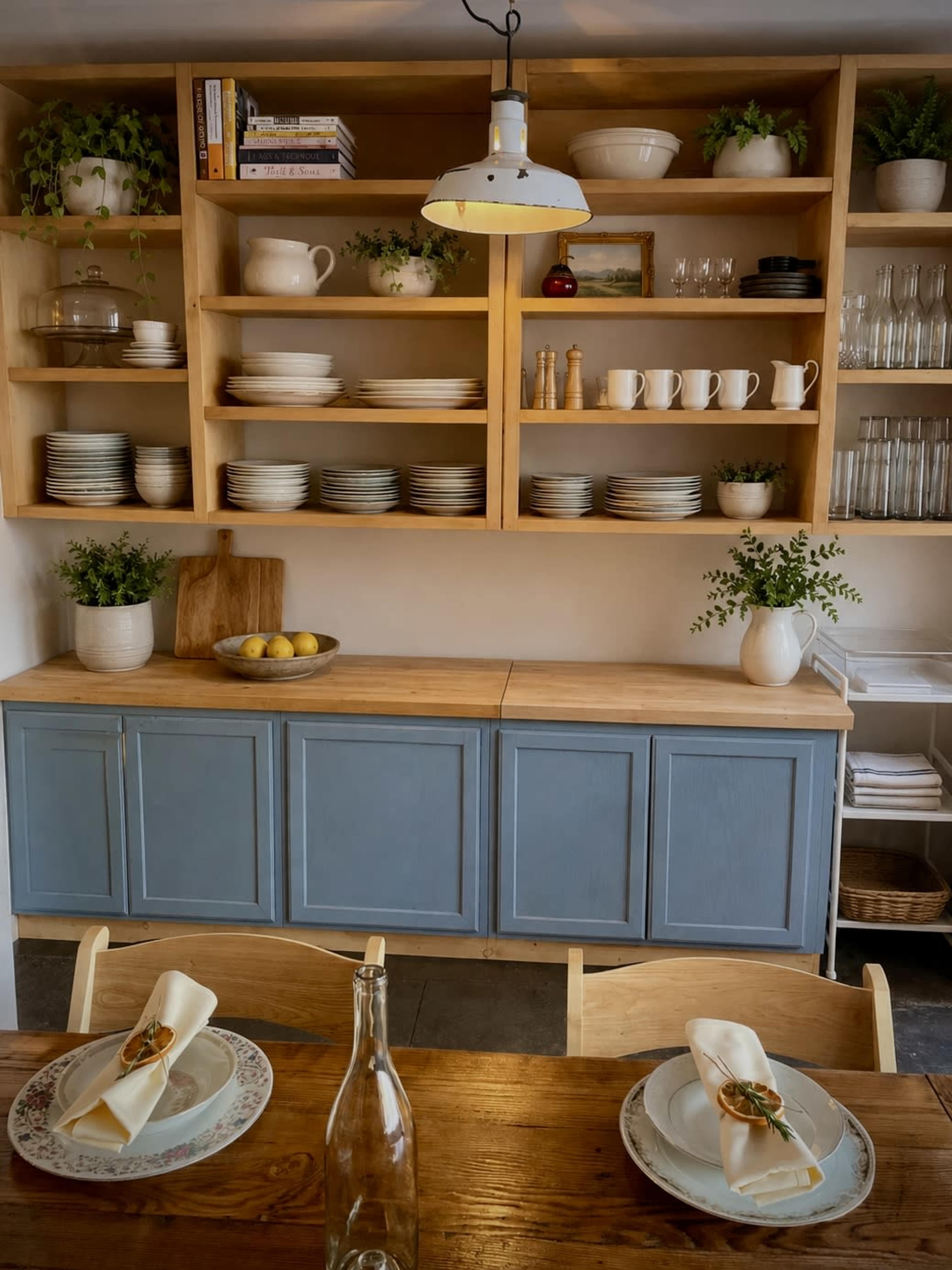 The image shows a neatly arranged kitchen space with open shelves displaying tableware and a wooden cabinet underneath, complemented by a dining table set for a meal.
