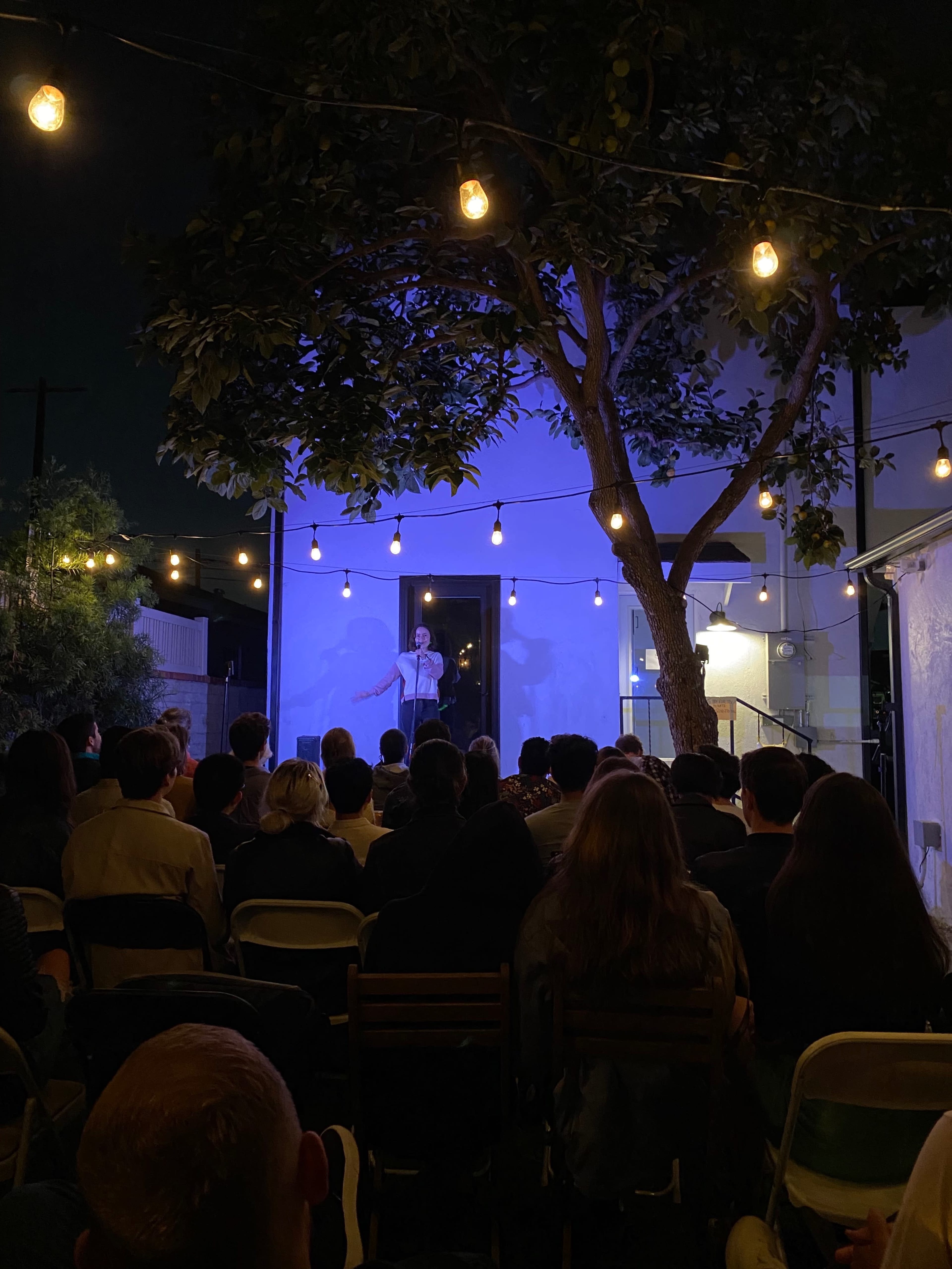 A performer stands on a small stage under a lit tree, while an audience seated in front listens attentively in an outdoor setting at night.