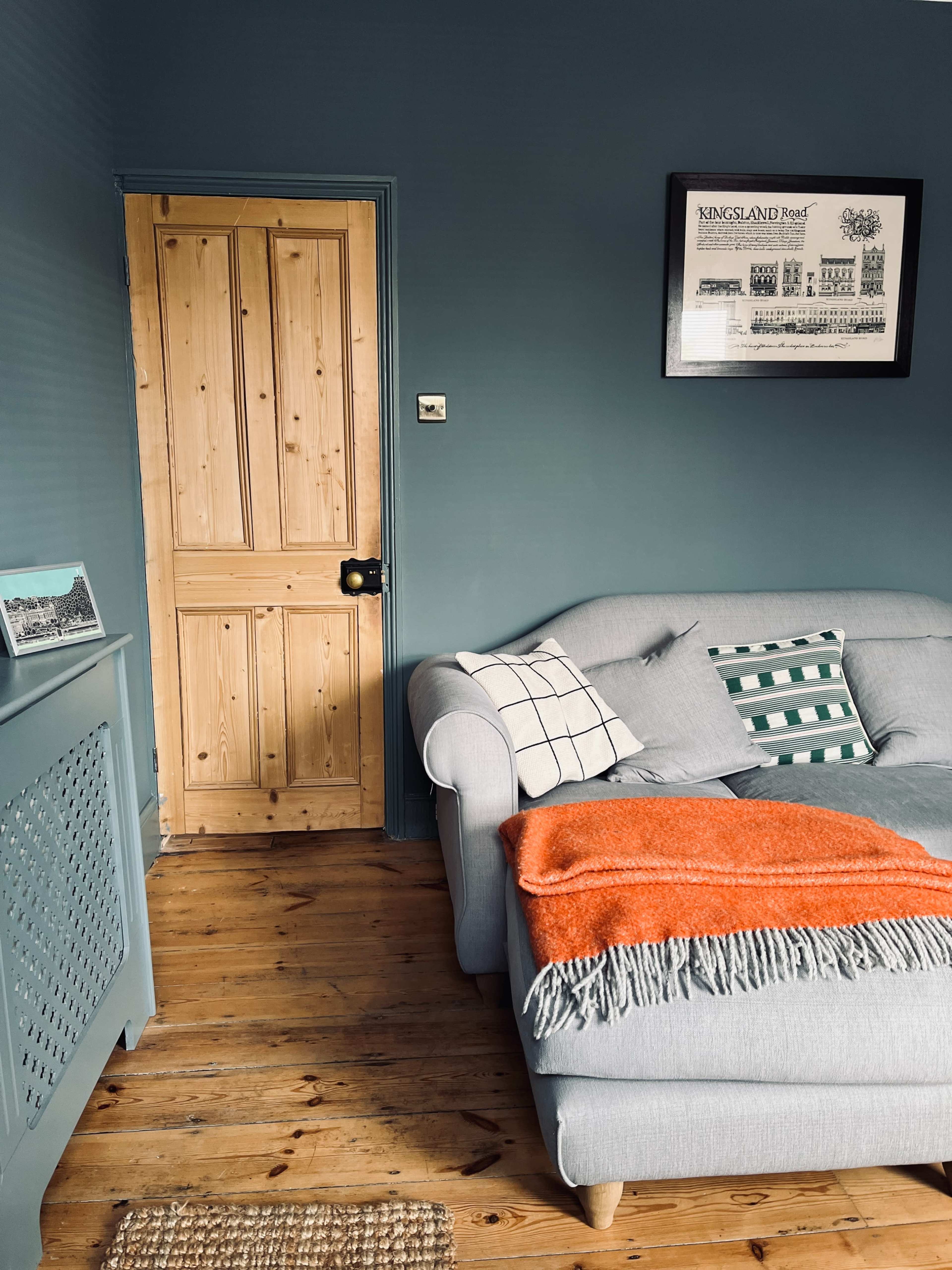 A cozy living room features a grey couch with various cushions, an orange throw blanket, a wooden door, and a wall-hanging illustration.