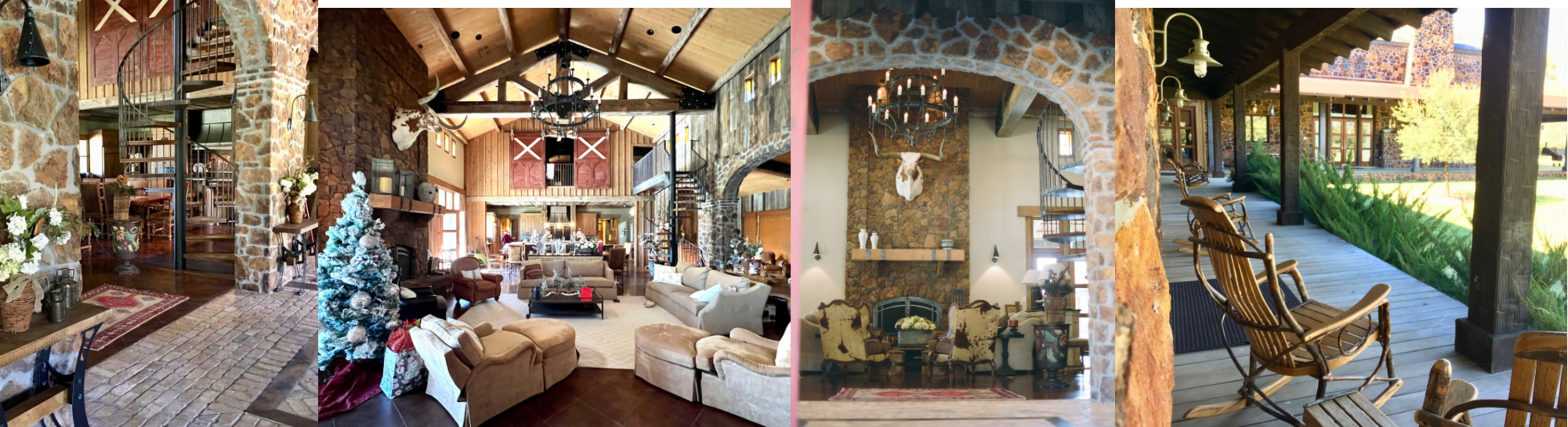 The images depict a rustic lodge interior featuring stone walls, wooden beams, and a combination of cozy seating areas with a large stone fireplace and an outdoor porch with rocking chairs.
