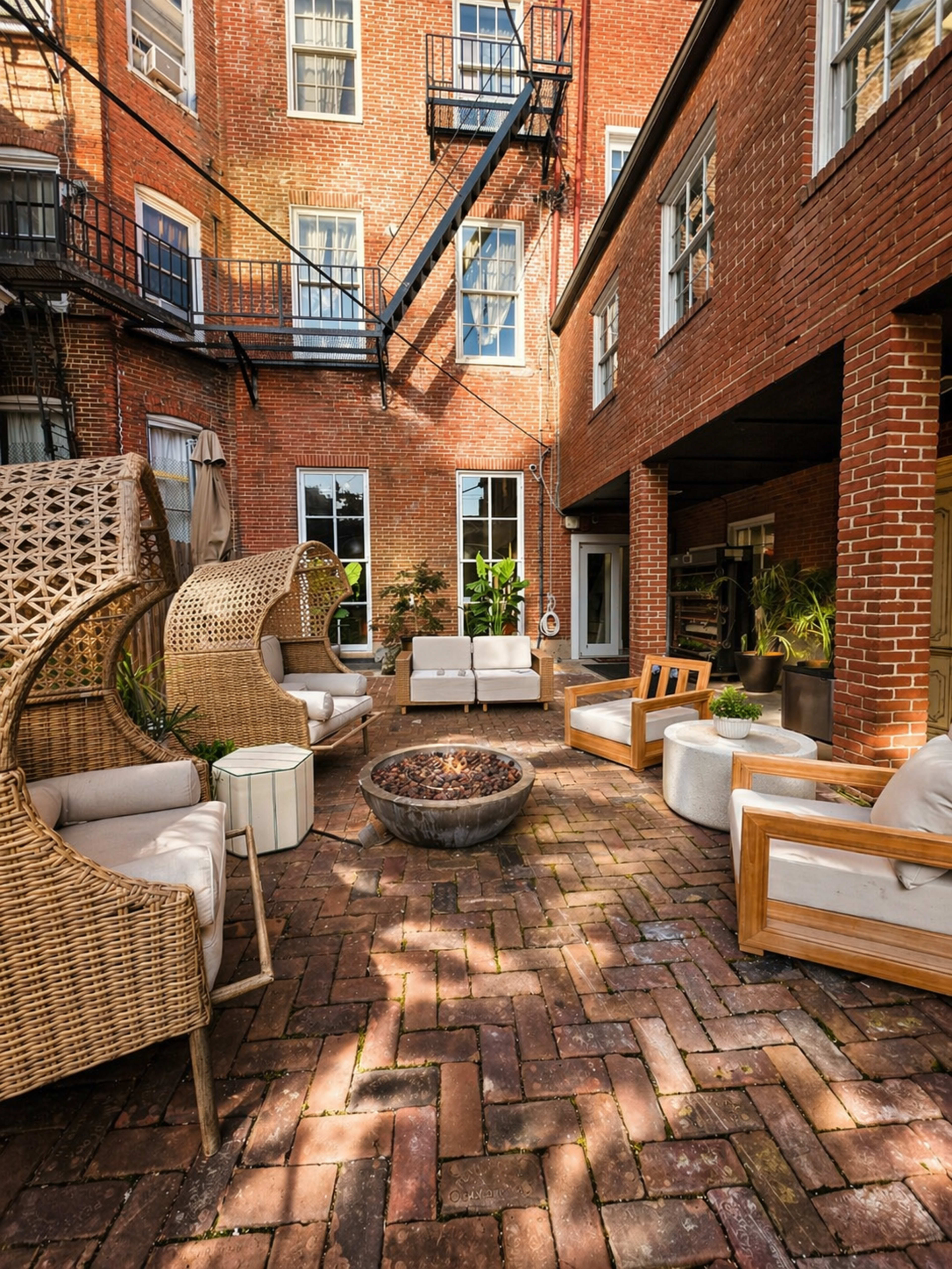 The image shows a brick-paved courtyard with several seating areas, including wicker chairs and a circular fire pit, surrounded by red brick walls and windows.