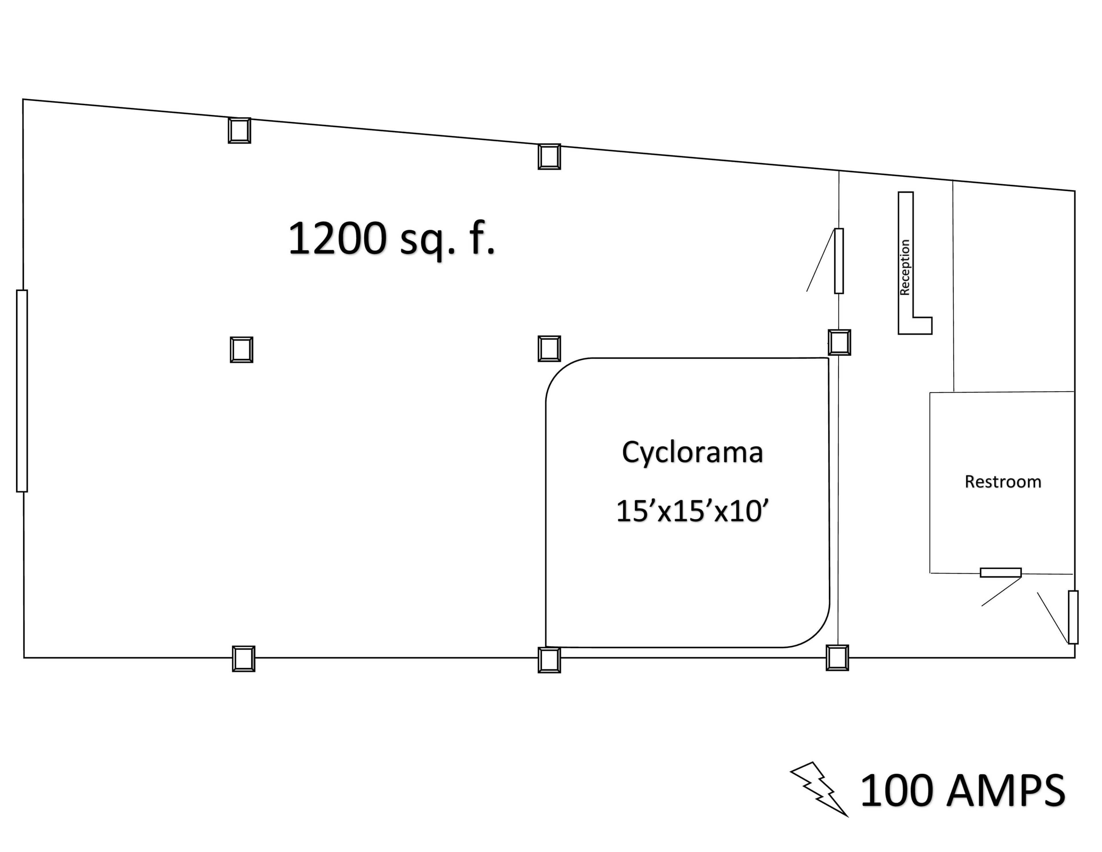 A floor plan of a 1,200 square foot space, featuring a cyclorama area measuring 15 feet by 15 feet by 10 feet, along with a restroom and a power supply of 100 amps.