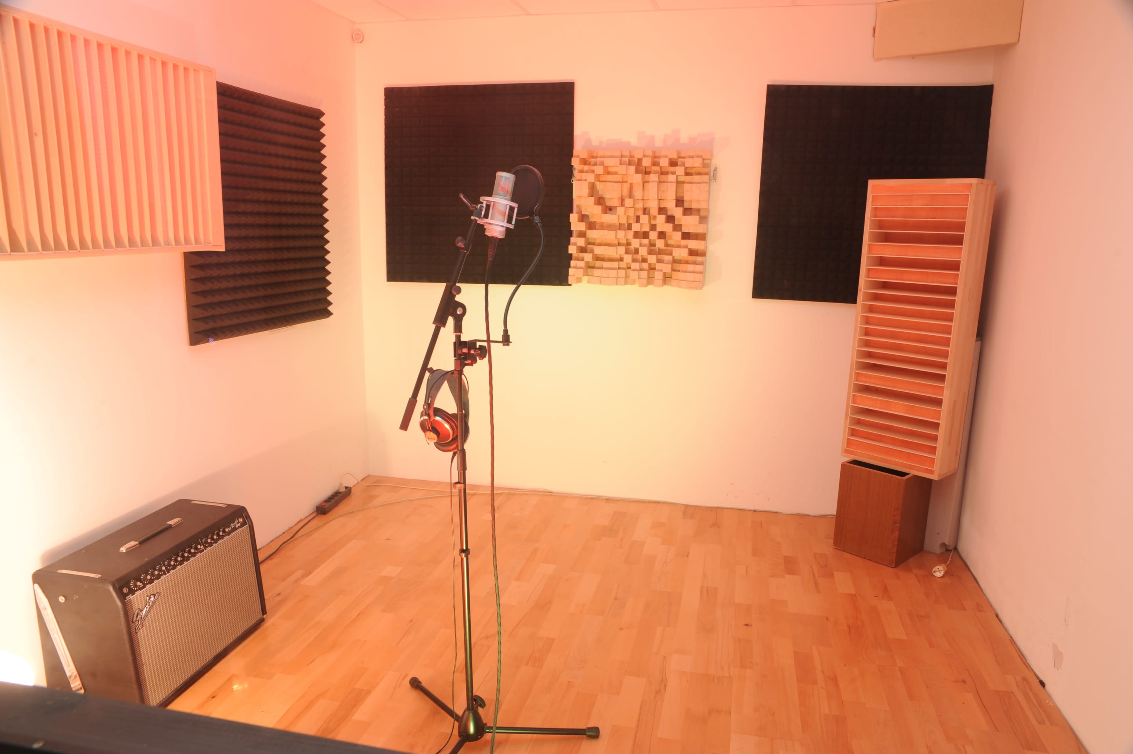 A soundproof recording studio features a microphone on a stand, surrounded by acoustic panels and wooden sound diffusers.