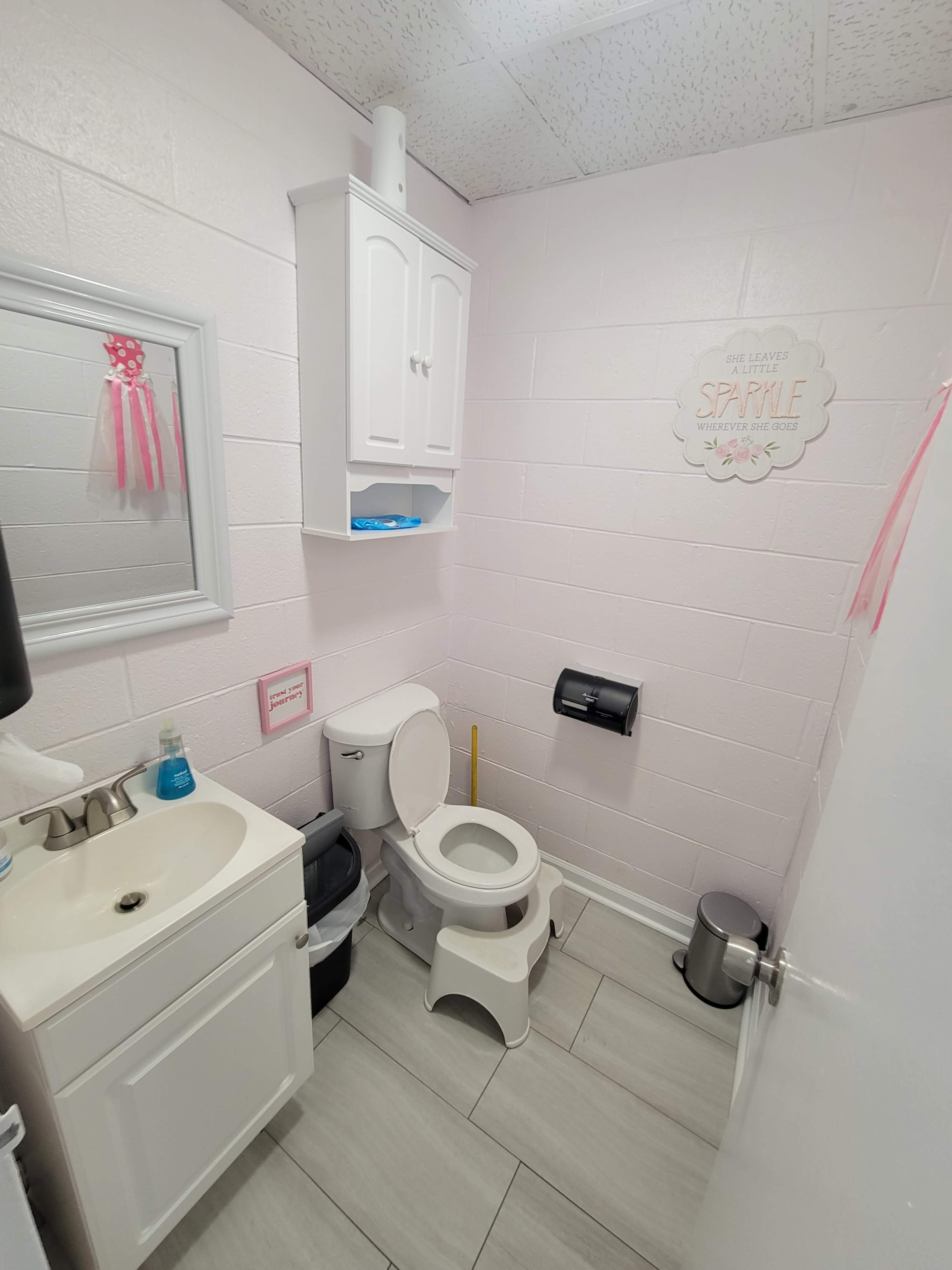 A small, light pink bathroom featuring a toilet, a sink with a cabinet, and a wall-mounted storage unit.