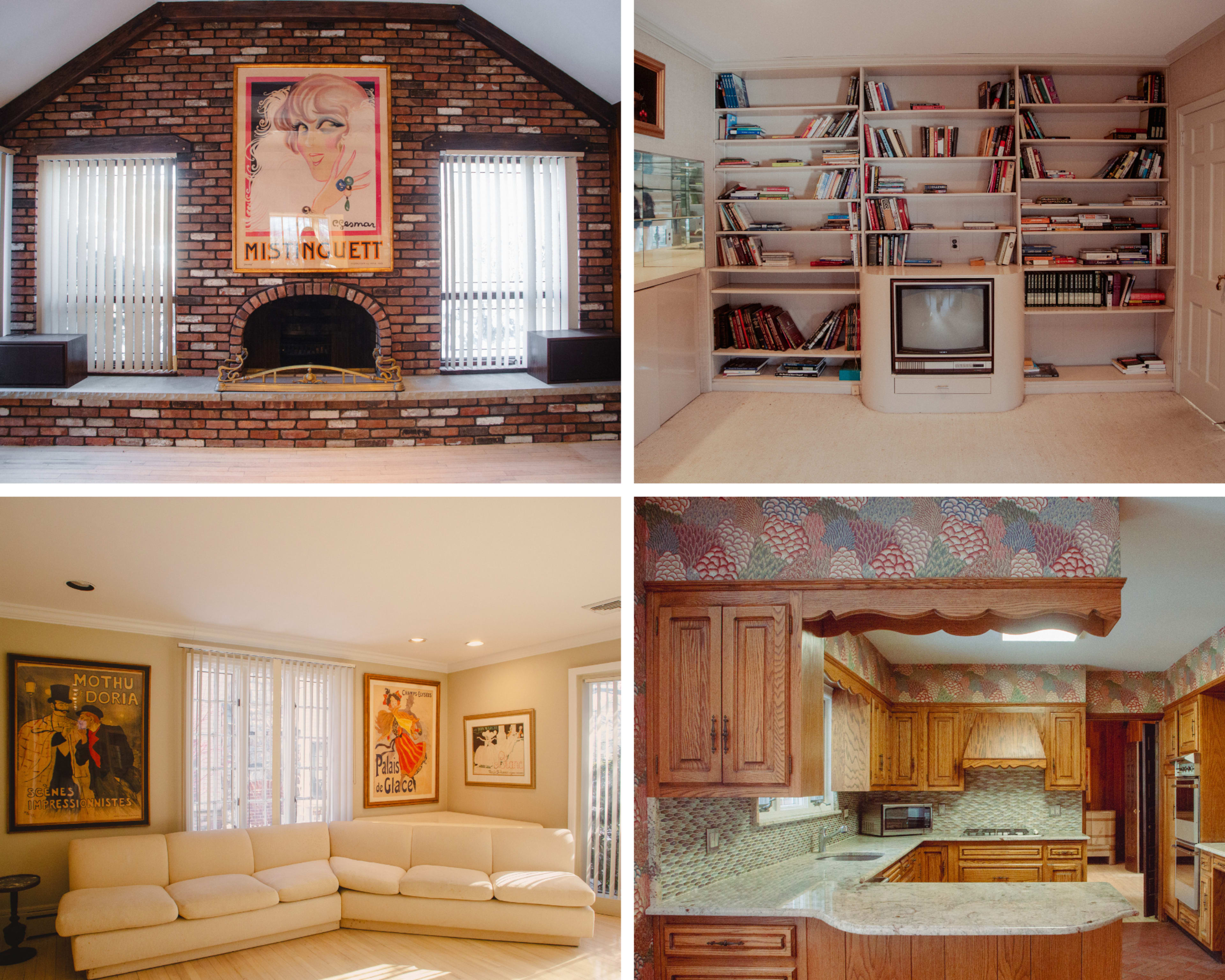 The image features a vintage-style interior with a brick fireplace, bookshelves filled with books, a modern TV, a sectional couch, and a kitchen with wooden cabinets and tiled walls.