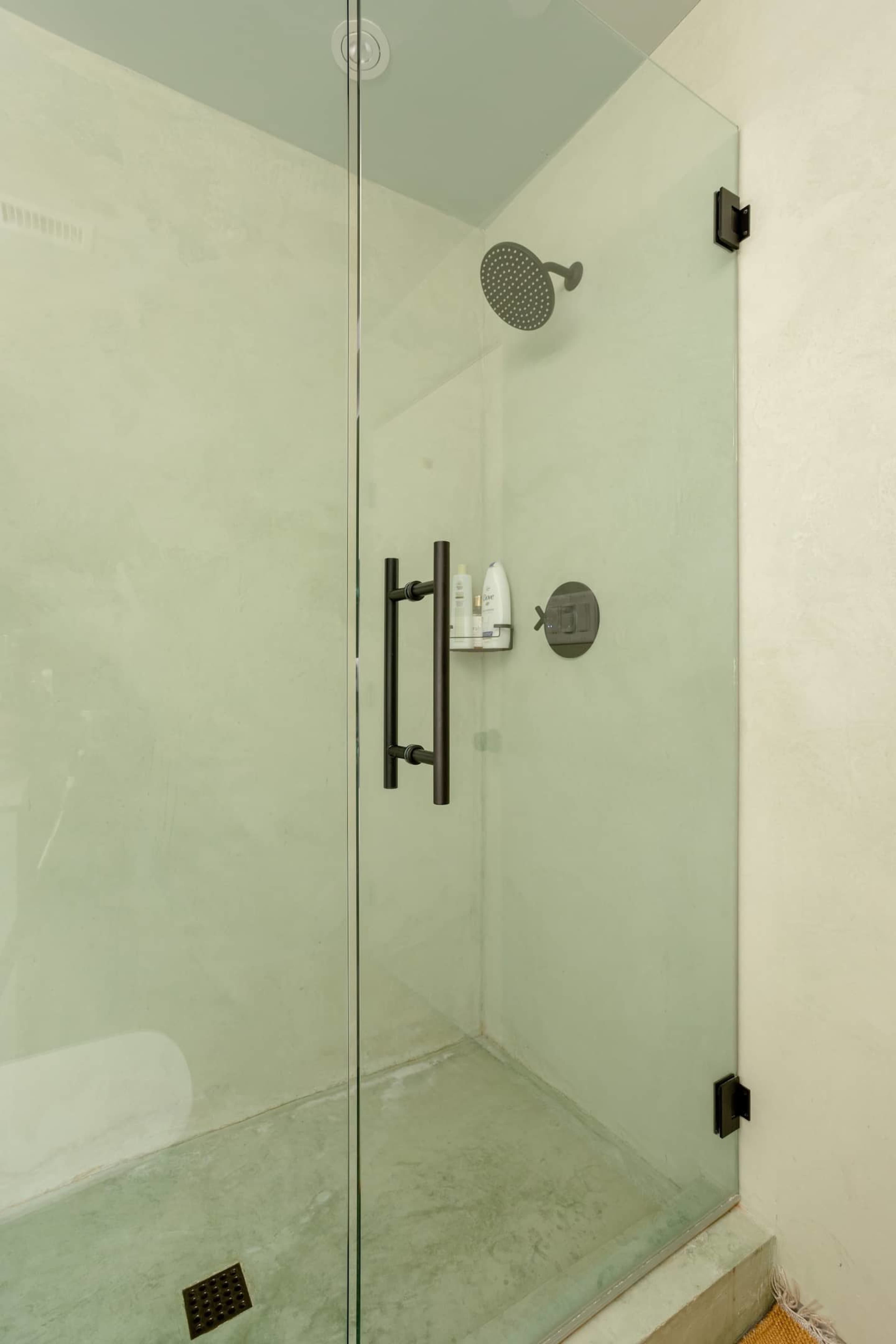 A modern shower enclosed by a glass door, featuring a wall-mounted showerhead and a shelf for toiletries.