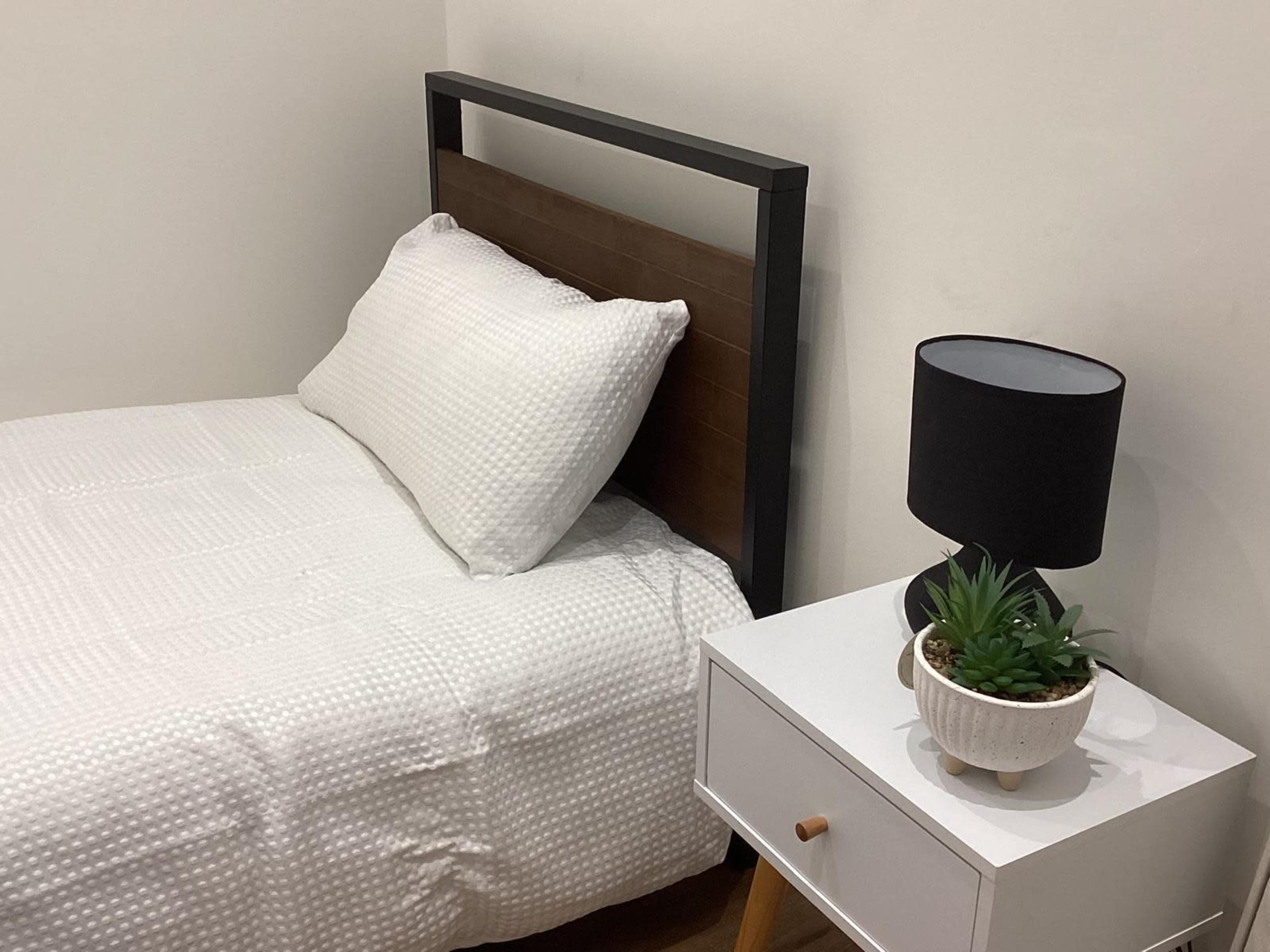A simple bedroom features a single bed with a patterned white comforter, a wooden headboard, a nightstand with a potted plant, and a black lamp.