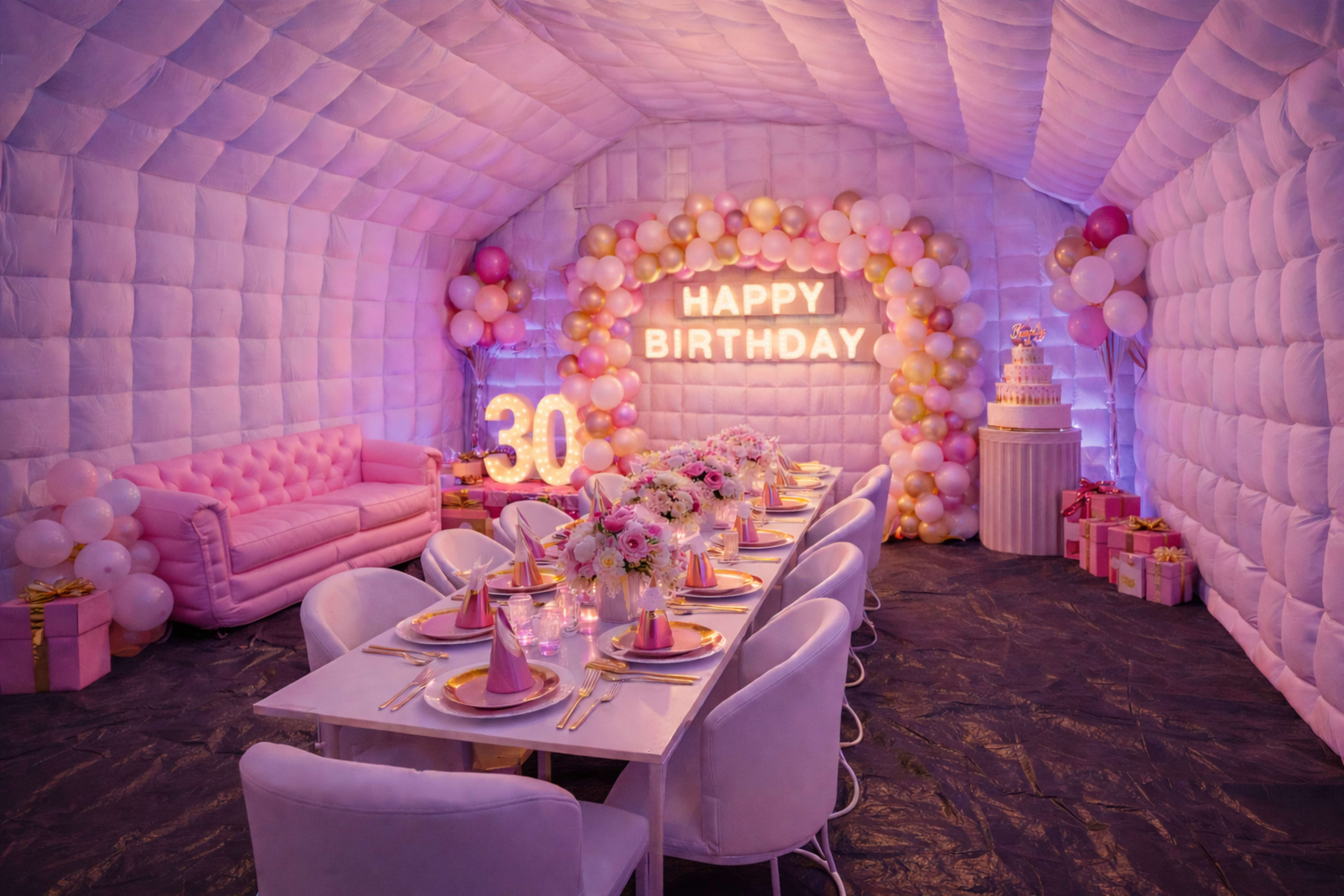 The image shows a decorated indoor party space with a long table set for a birthday celebration, surrounded by balloons and a cake.