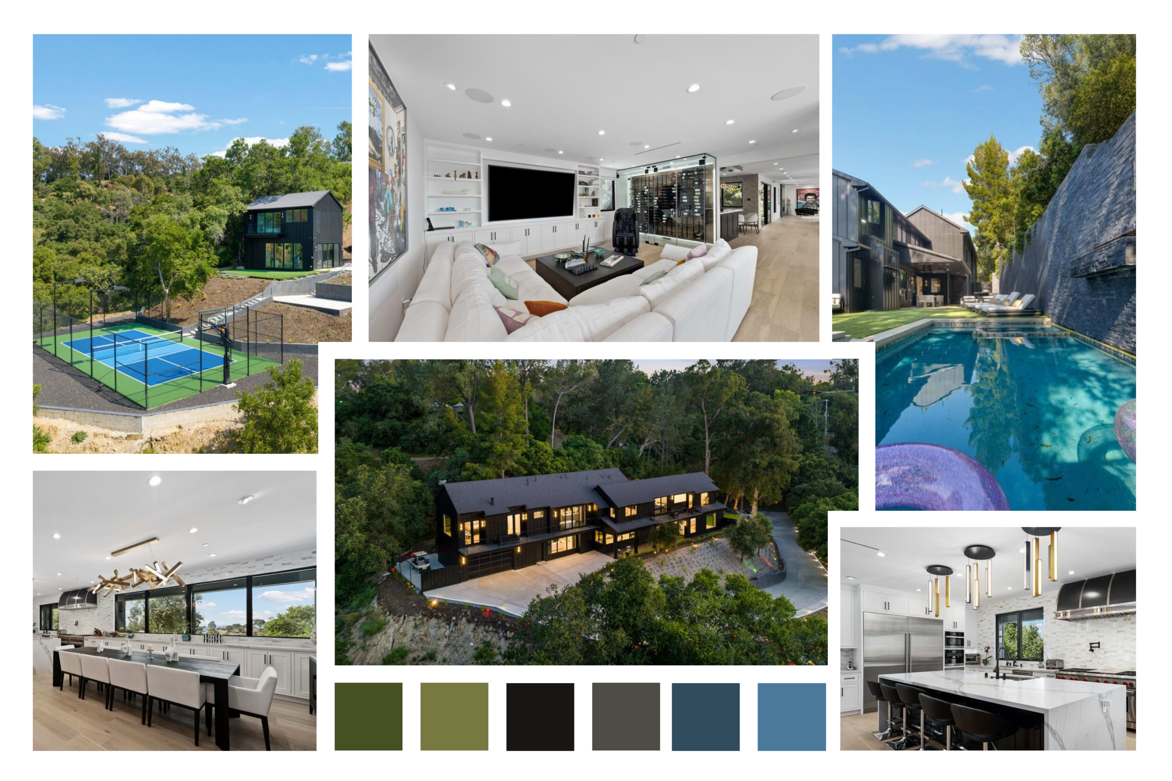 The image features a collage of luxurious properties, including modern homes with large windows, a tennis court, and a swimming pool, set against a backdrop of greenery.