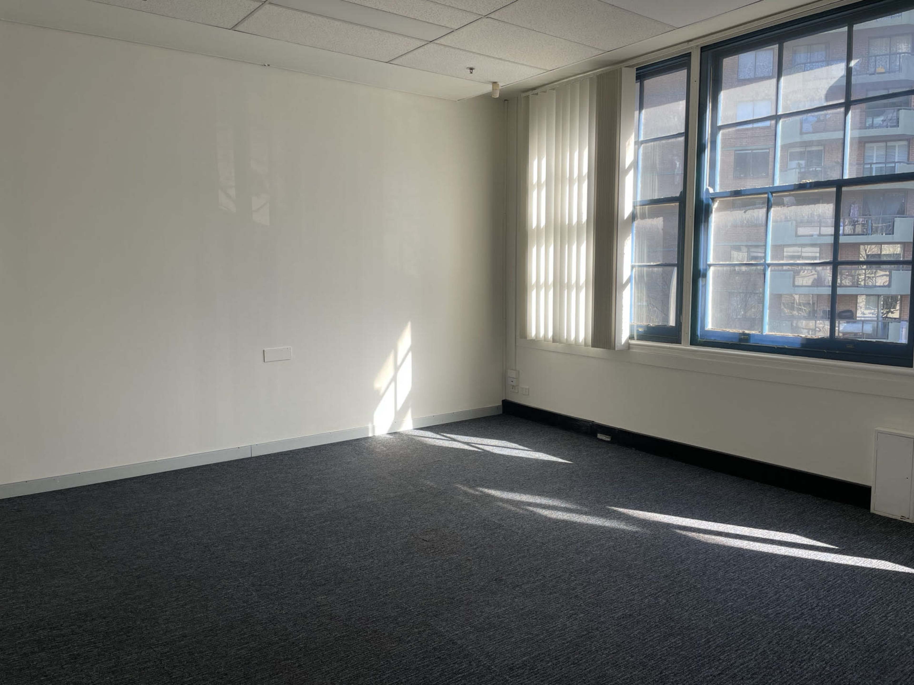 A bright, empty room features a carpeted floor and large windows with partially open blinds allowing sunlight to enter.