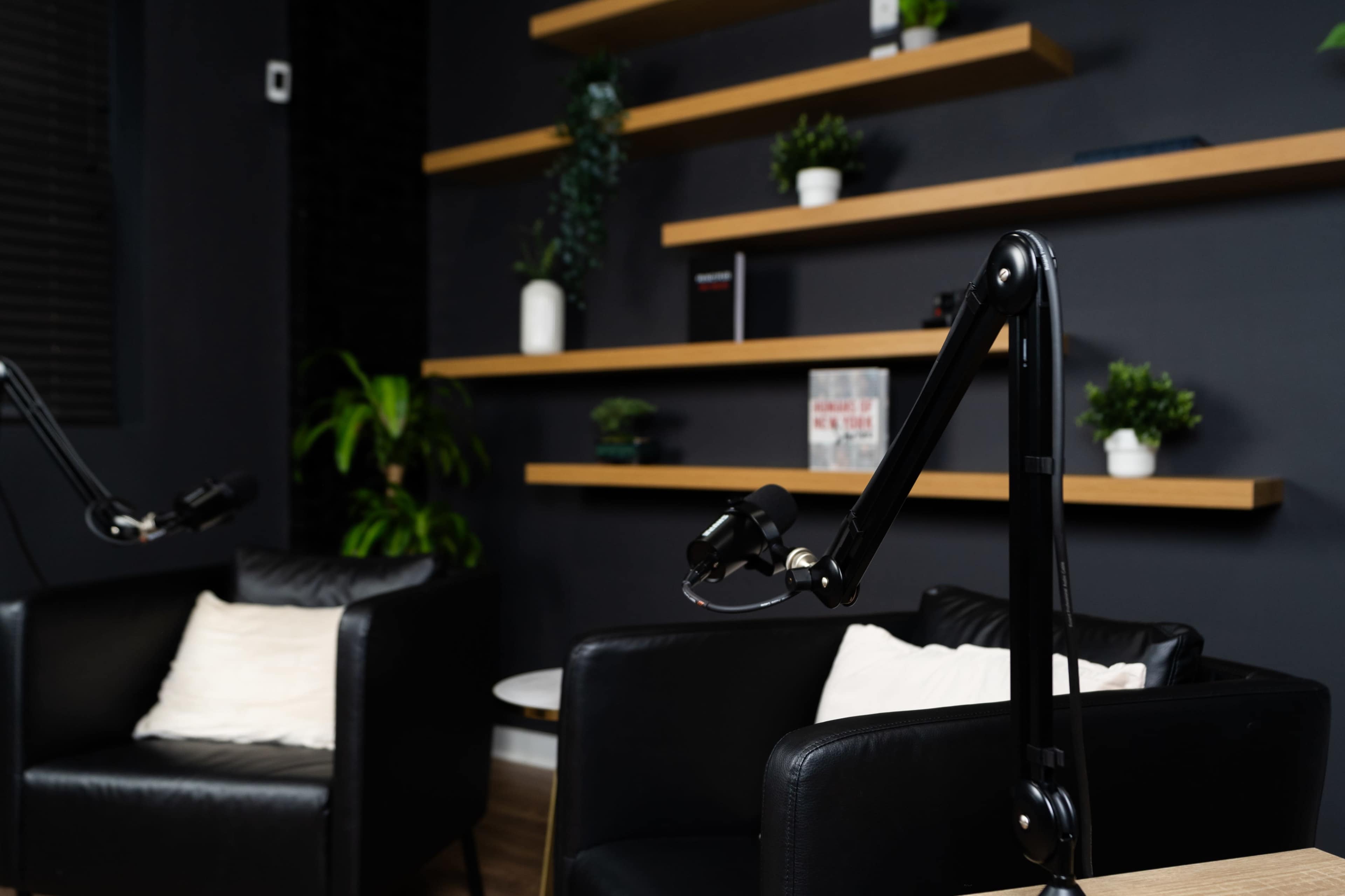 A modern interior with black leather chairs, a wooden shelf containing plants and books, and microphone stands positioned for recording.