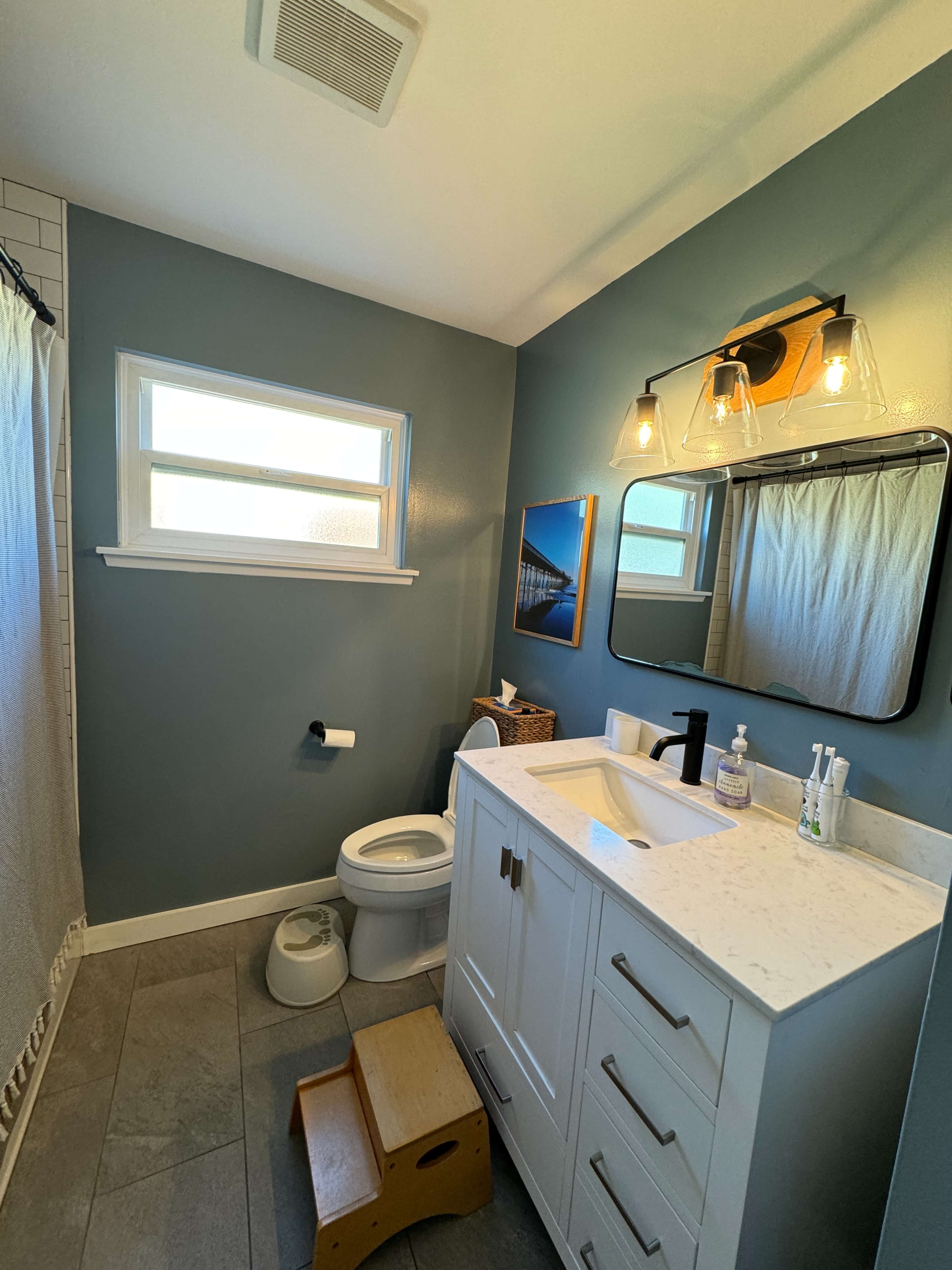 The image shows a modern bathroom featuring a white vanity with a sink, a toilet, a walk-in shower with a curtain, and a large mirror above the sink, all set against a blue wall.