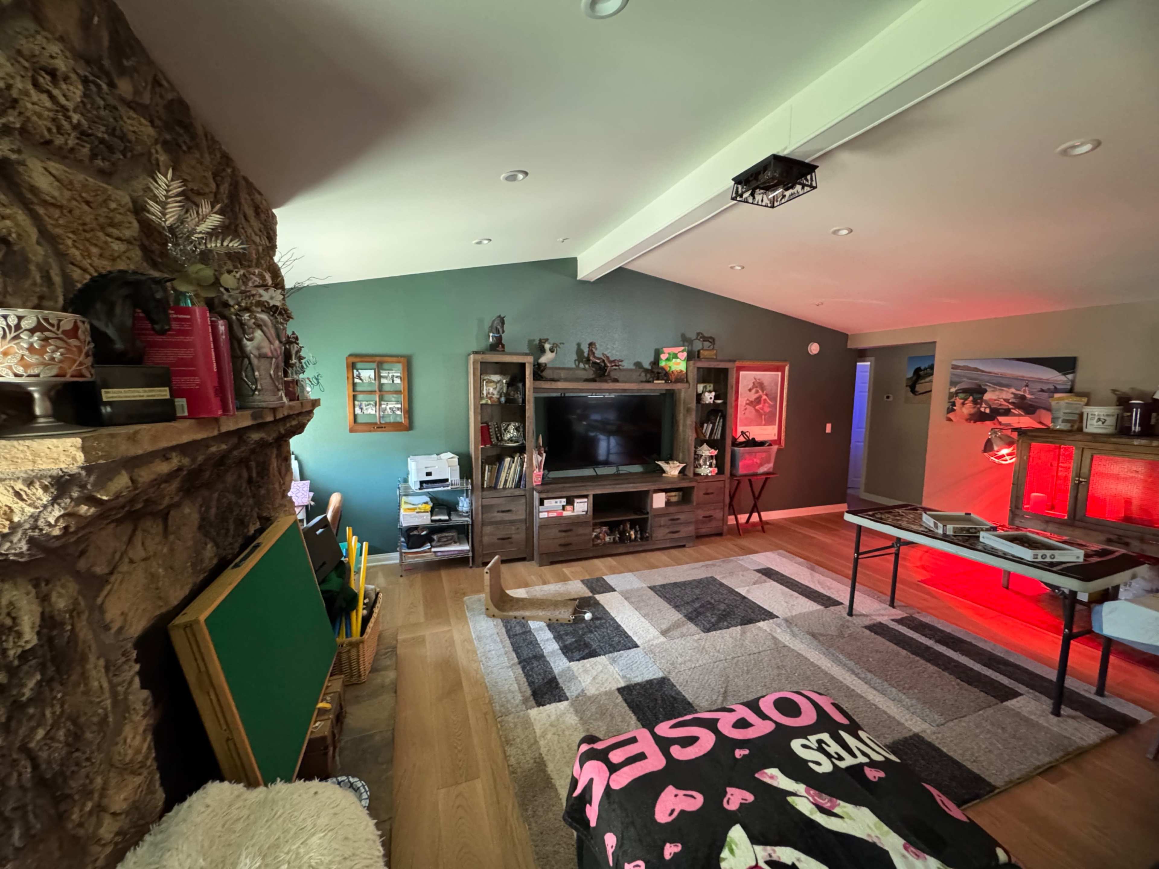 The room features a stone fireplace, a dark wooden TV unit, and a large area rug with a checkered pattern.