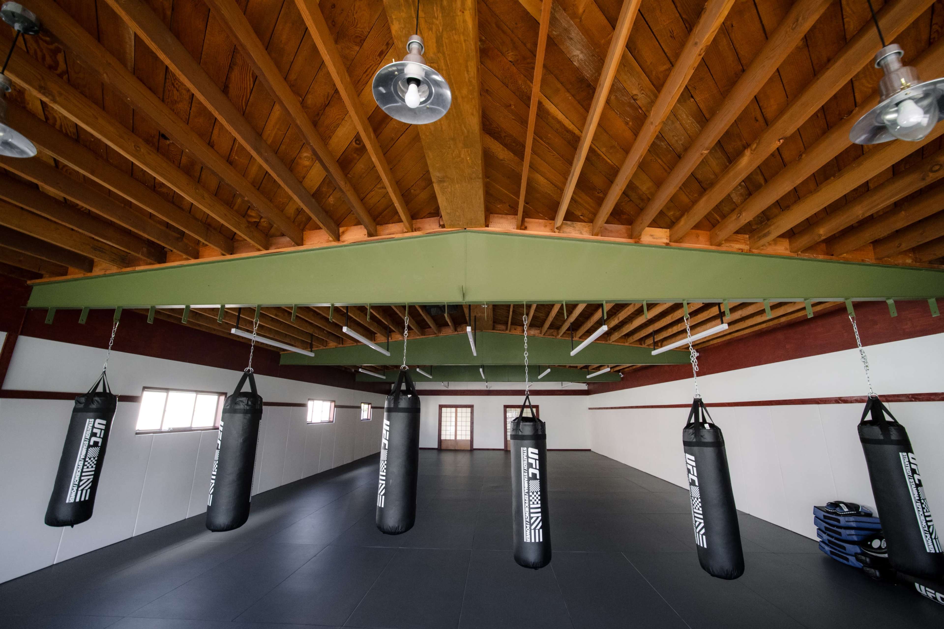 The image shows an empty martial arts training room with hanging punching bags, wooden beams, and a smooth black floor.