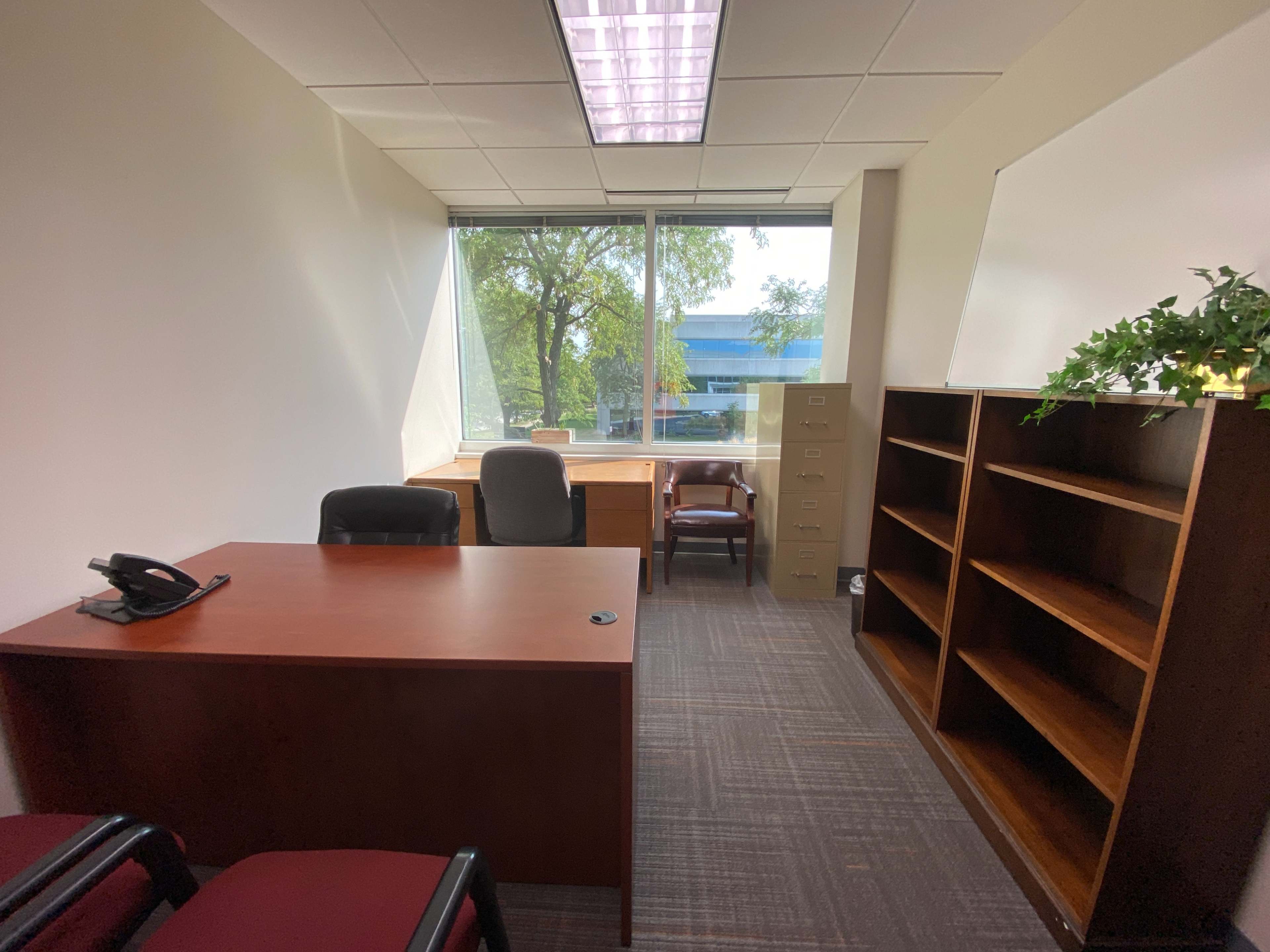 The image shows an office with a wooden desk, an office chair, a filing cabinet, and shelves, all positioned near a window that offers natural light.