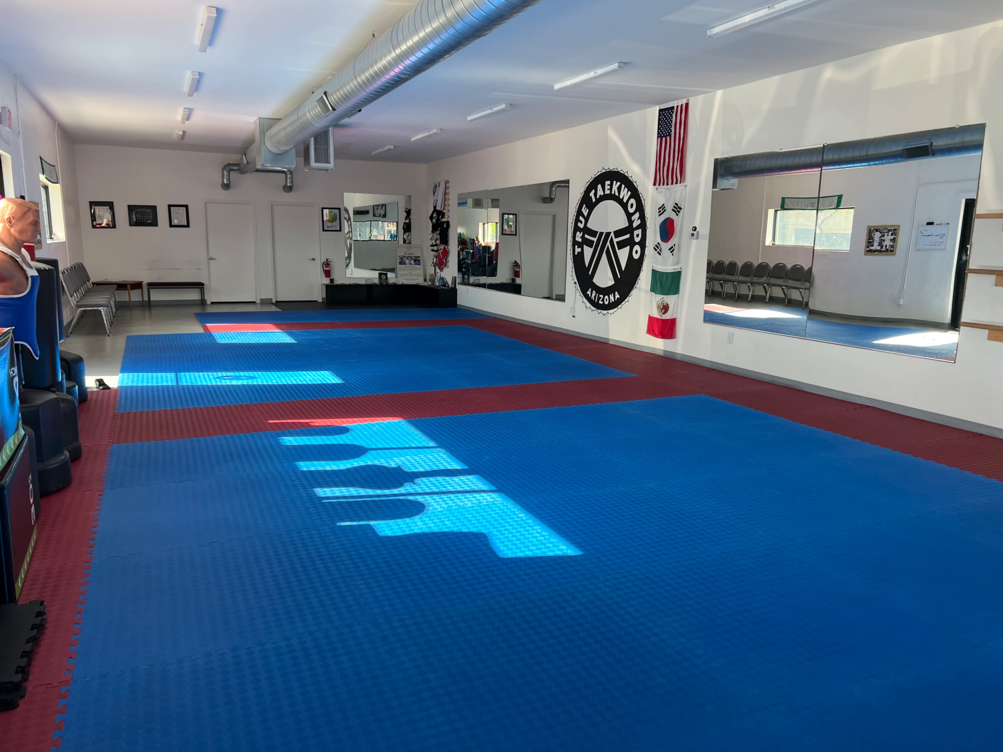 The image shows a martial arts studio with blue mats, red borders, and mirrors on the walls, along with various decorations and chairs in the background.