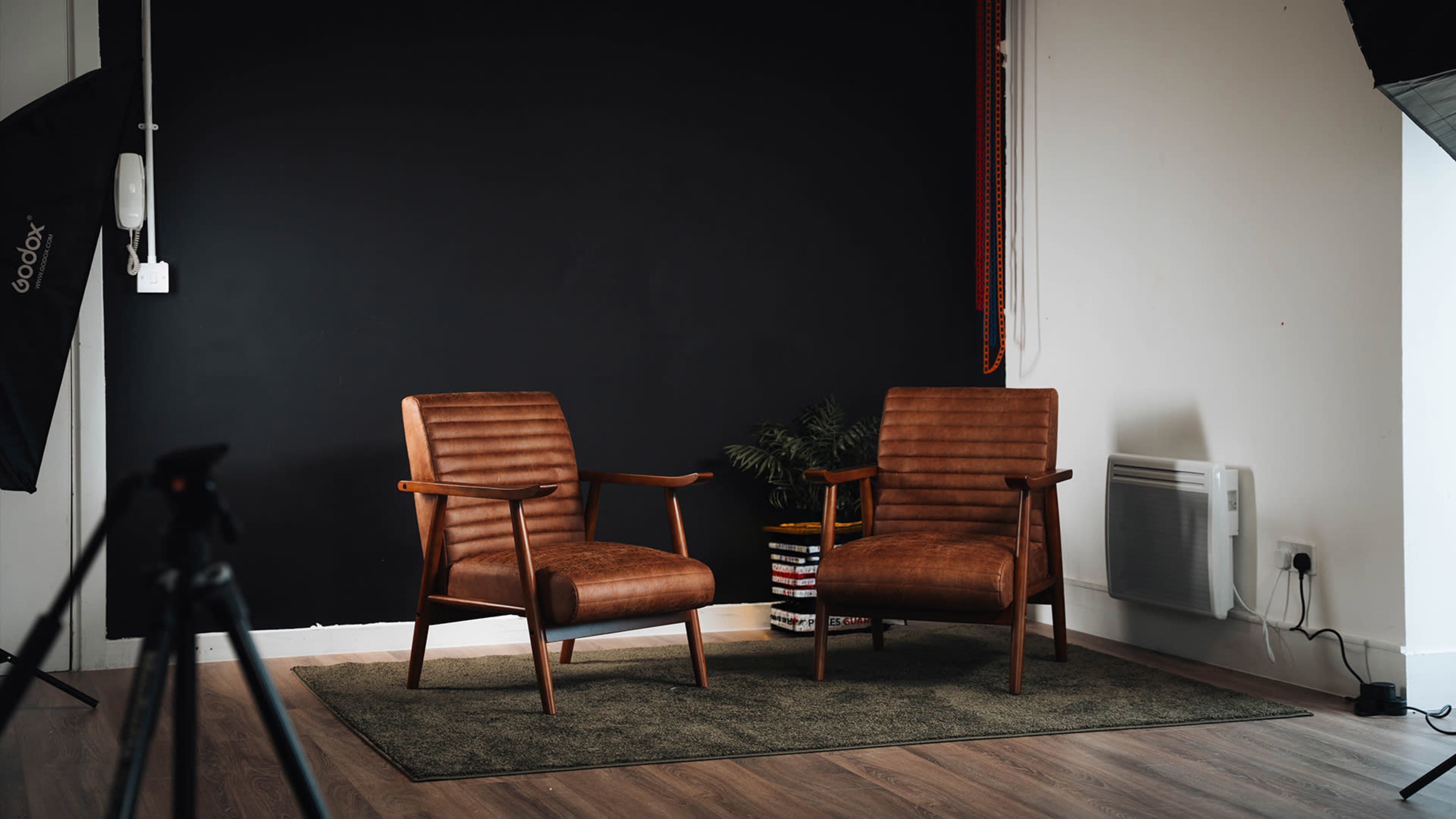 Two brown leather chairs are positioned on a green rug in front of a black wall, with a plant and a stack of books in the background.