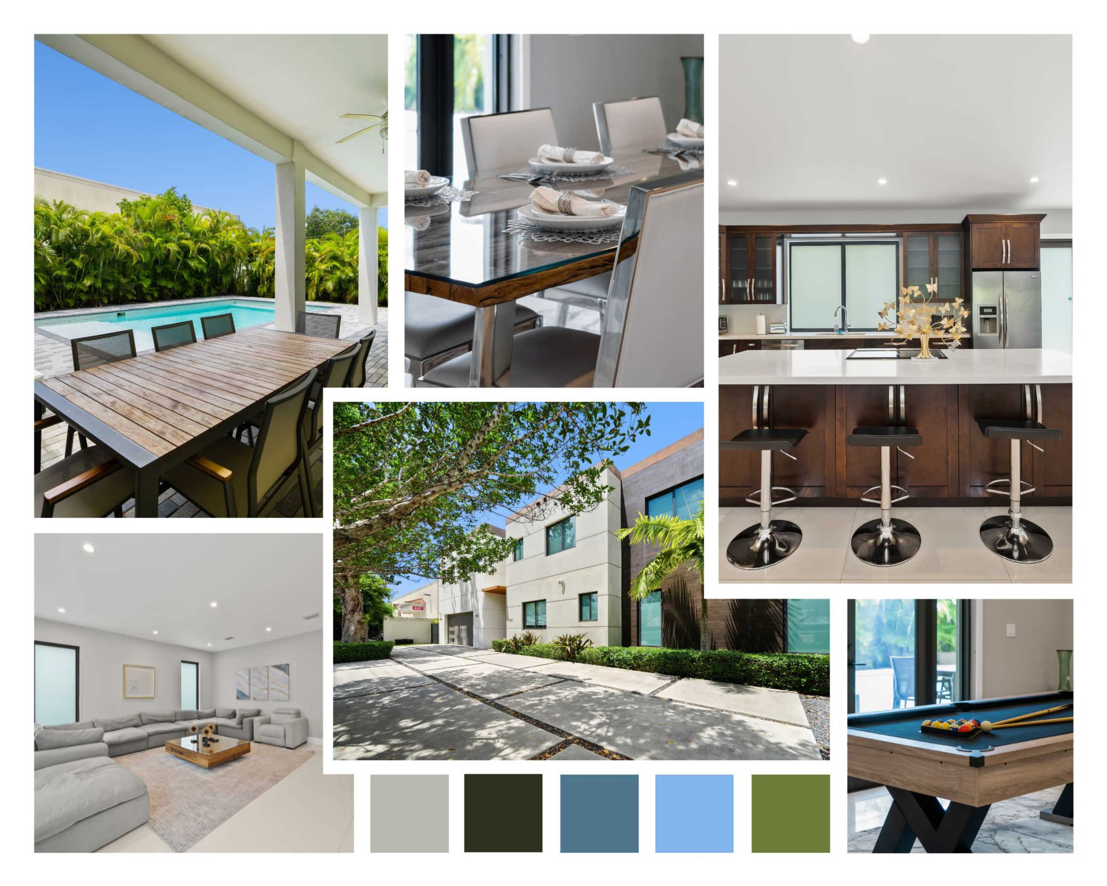 Features various views of a modern home, including a dining area with a pool view, a kitchen with bar seating, and an exterior shot of the property surrounded by greenery.