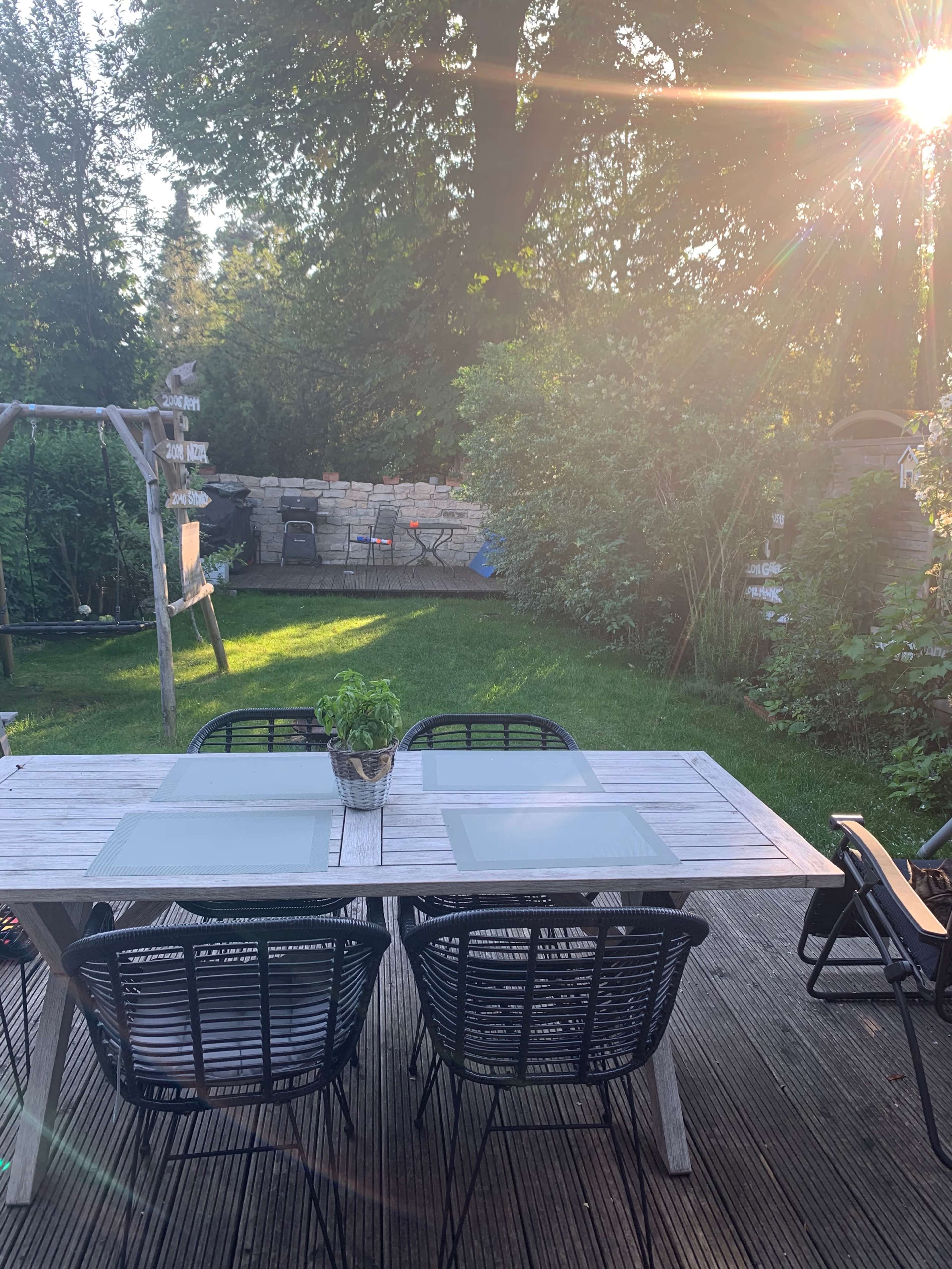A wooden table with black chairs is set on a deck in a green garden, with sunlight filtering through the trees in the background.
