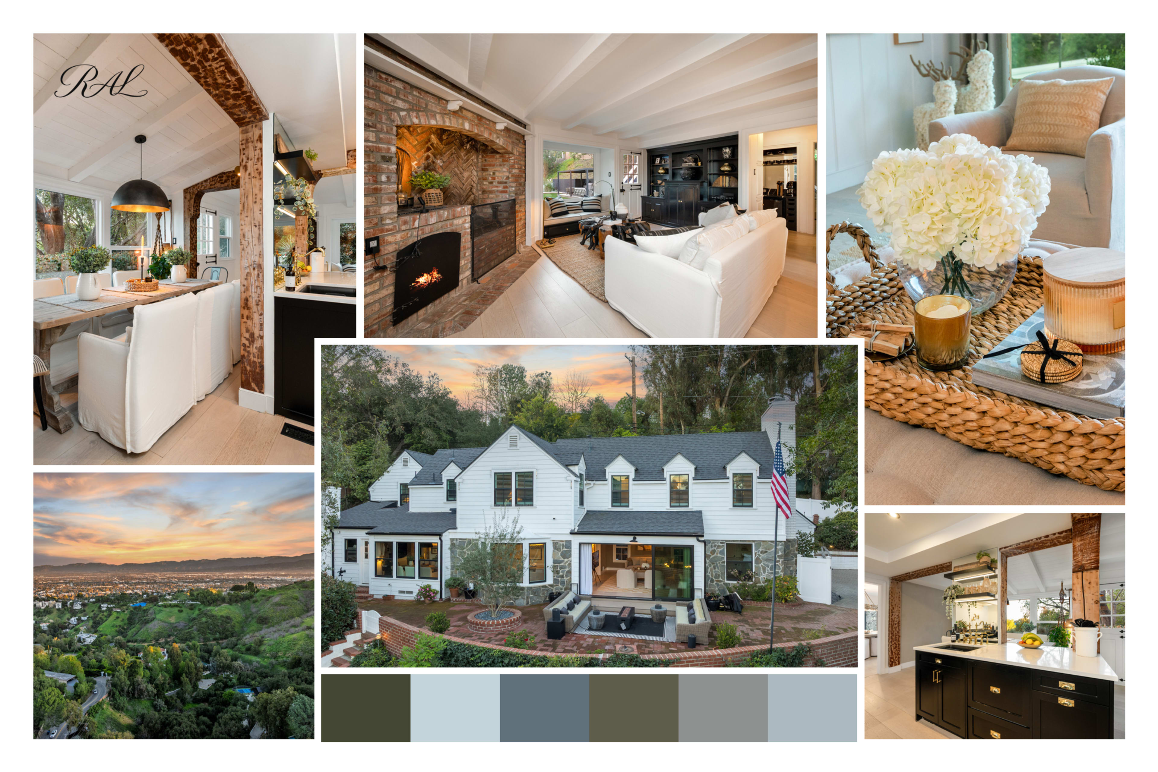 The image features a collage of a modern home interior and exterior, showcasing a cozy living room, a stylish kitchen, a scenic view, and the home's façade with landscaping.
