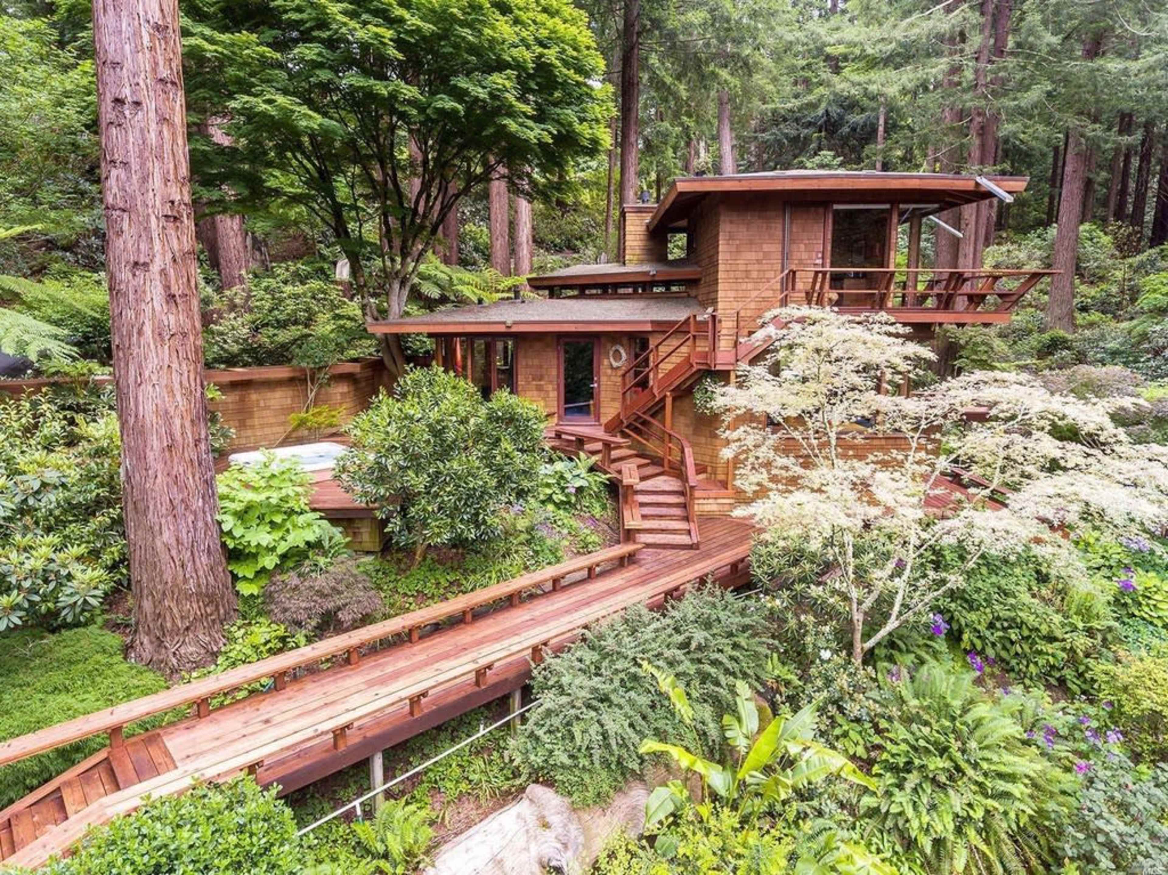 A wooden house with multiple levels and a winding staircase is nestled among lush greenery and tall trees.