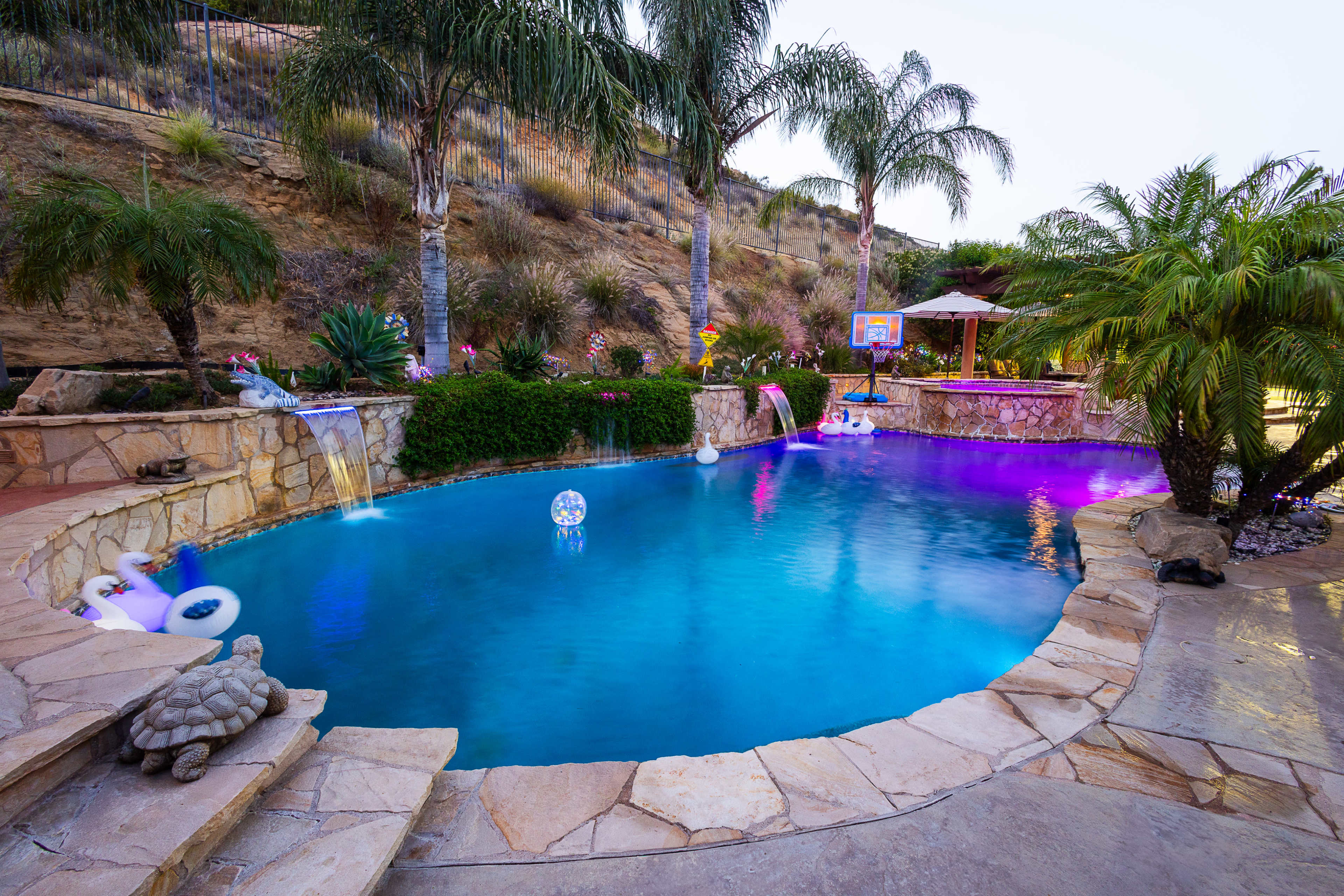 The image features a backyard swimming pool surrounded by palm trees, colorful lights, and stone walkways, with a waterfall and decorative elements.