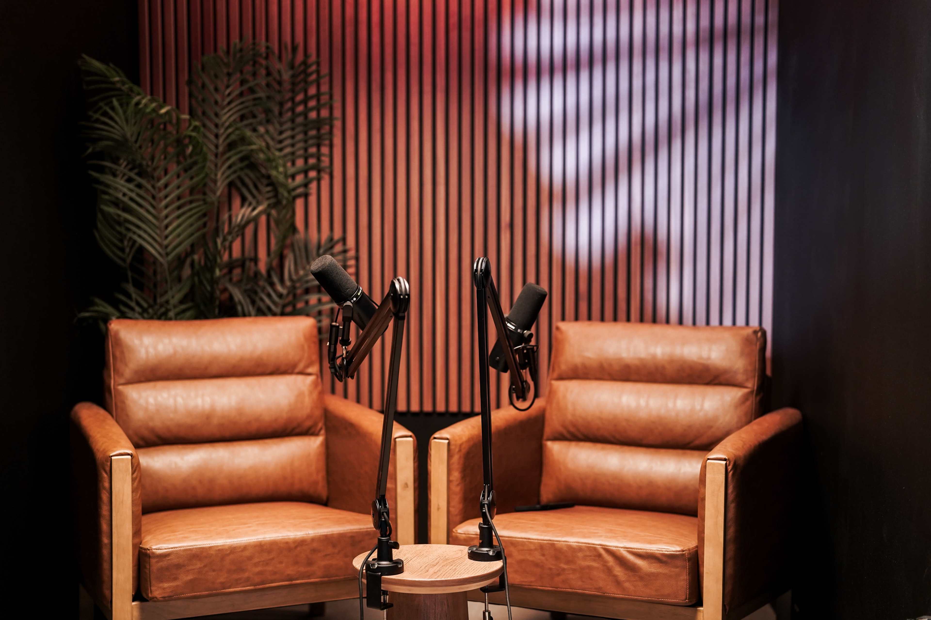 Two brown leather armchairs facing each other with microphone stands positioned between them, set against a backdrop of wooden paneling and a plant.