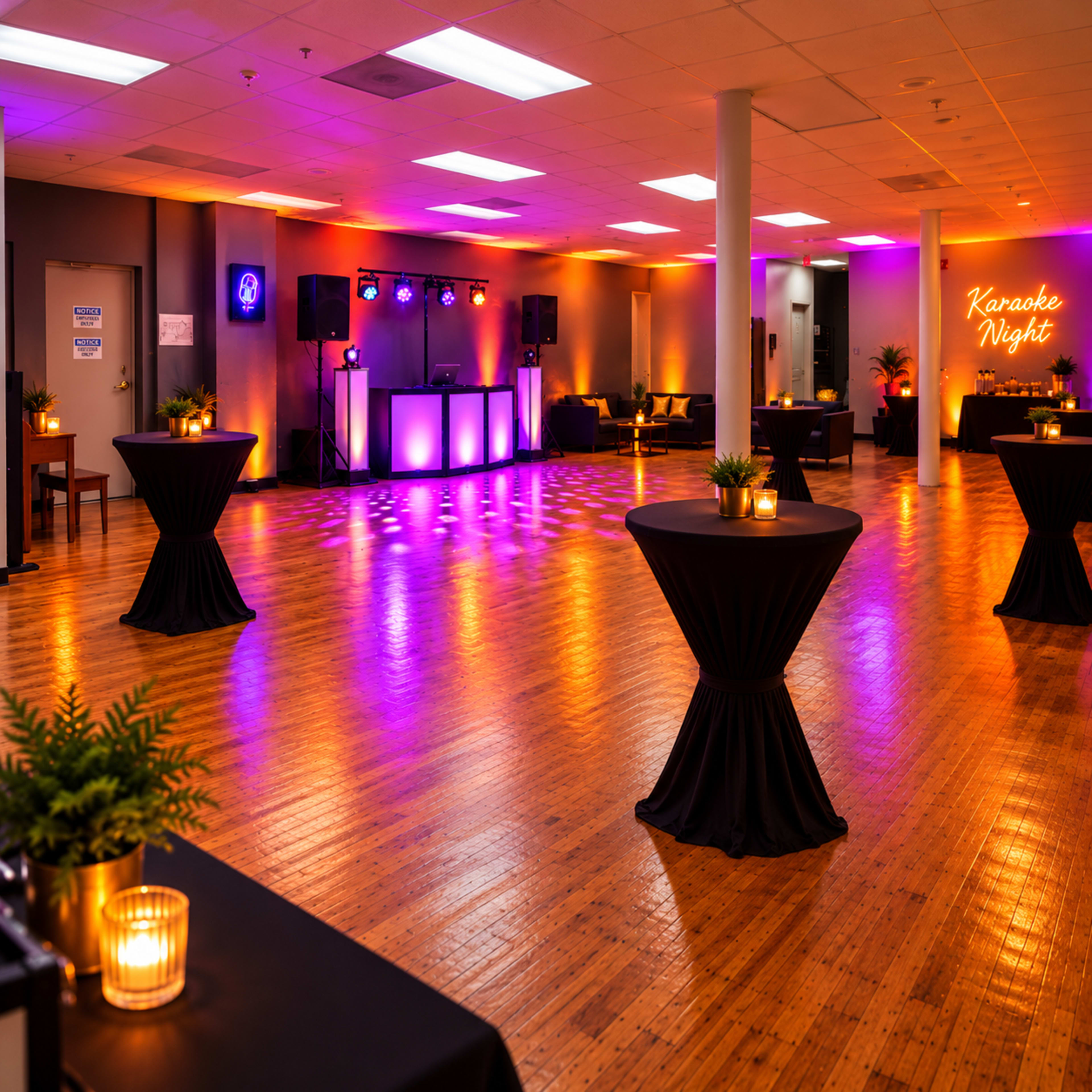 The image shows a spacious indoor venue set up for a karaoke night, featuring illuminated tables, a DJ booth, and a neon sign on the wall.