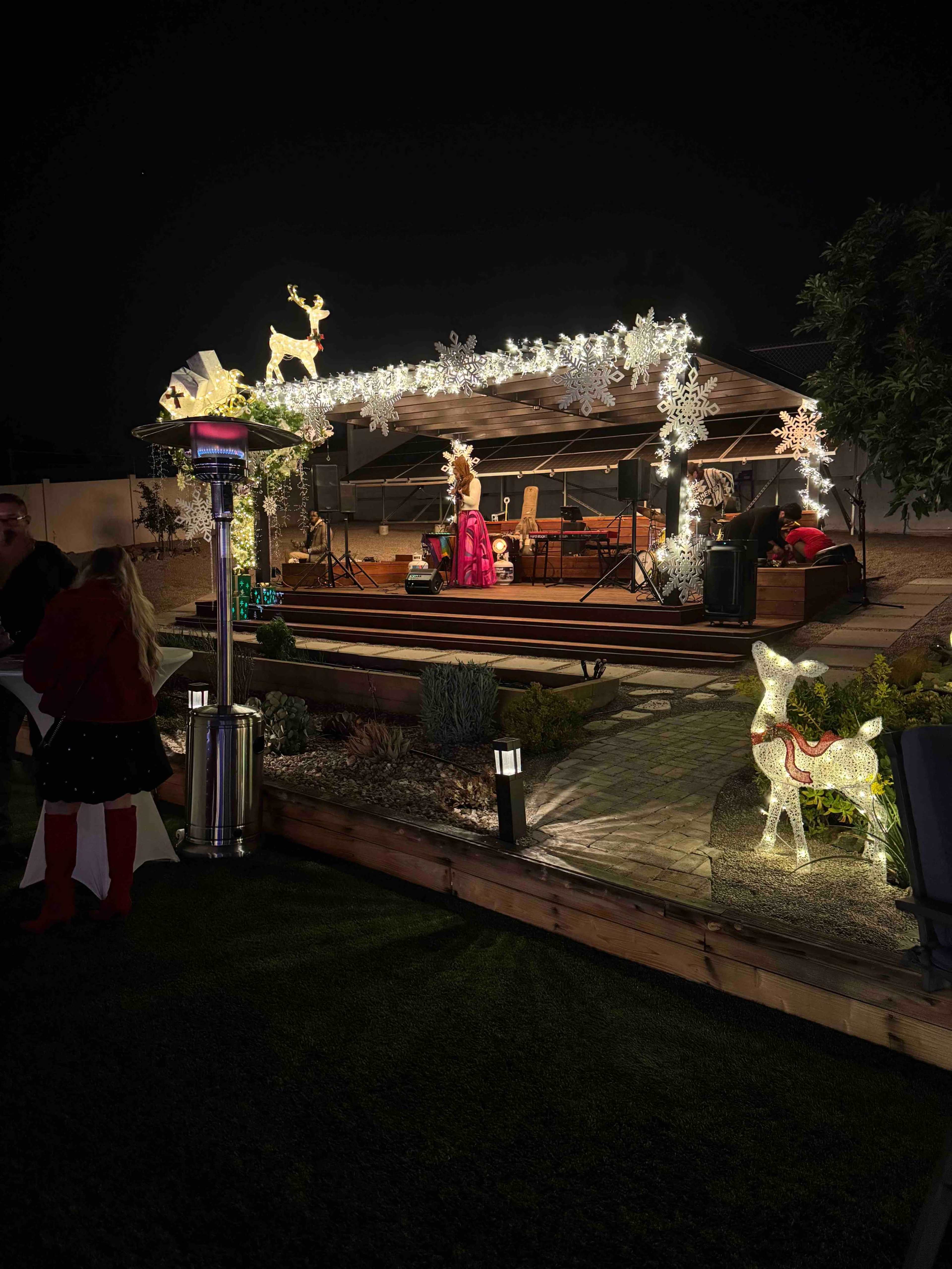 A decorated outdoor stage features festive lights and reindeer decorations, with a performer in front, amidst a garden setting at night.