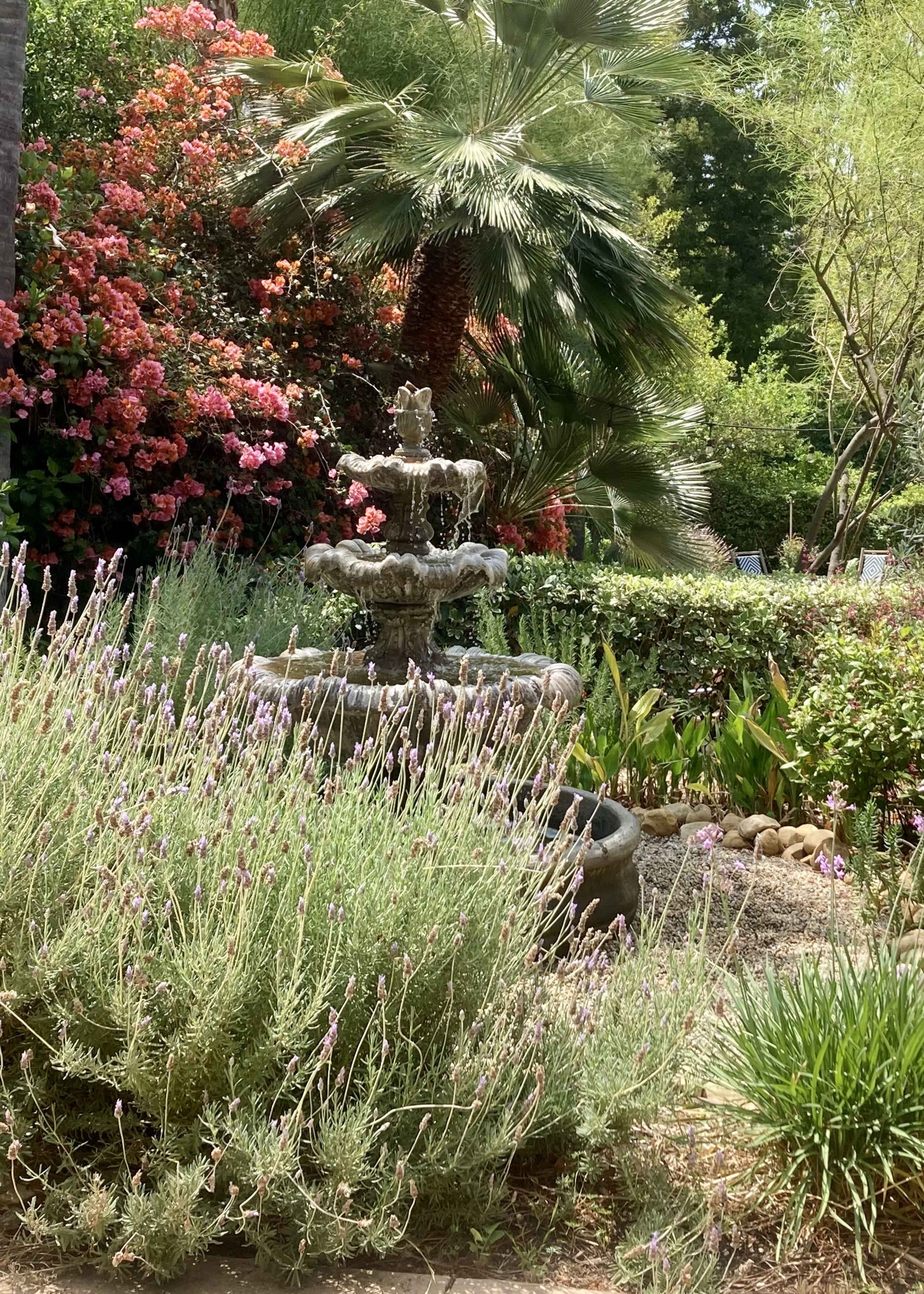 A stone fountain surrounded by lavender plants and vibrant flowers in a lush garden.