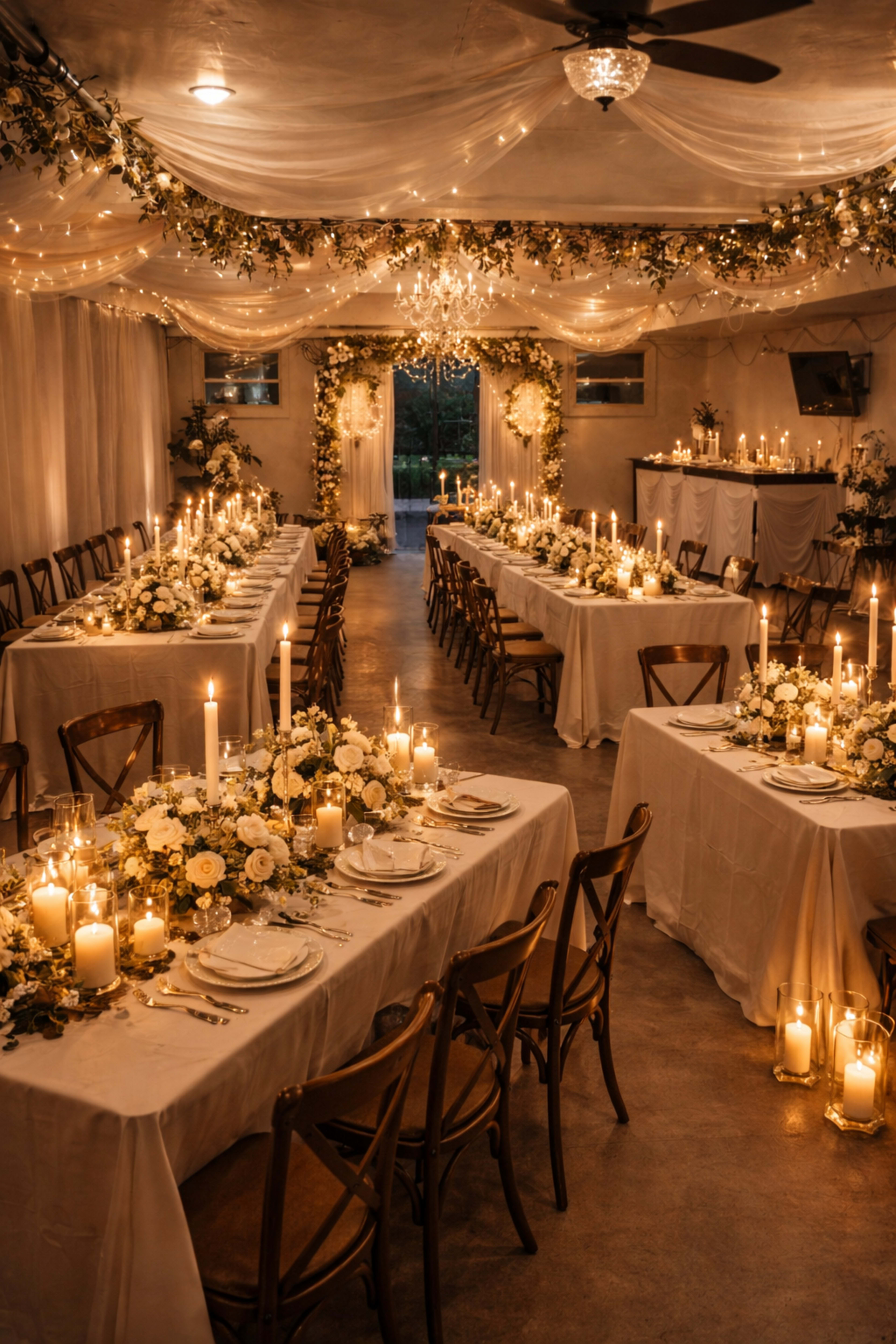 The image shows a beautifully decorated indoor event space with long tables set for a formal dinner, adorned with floral arrangements and candles, under a canopy of lights and draped fabric.