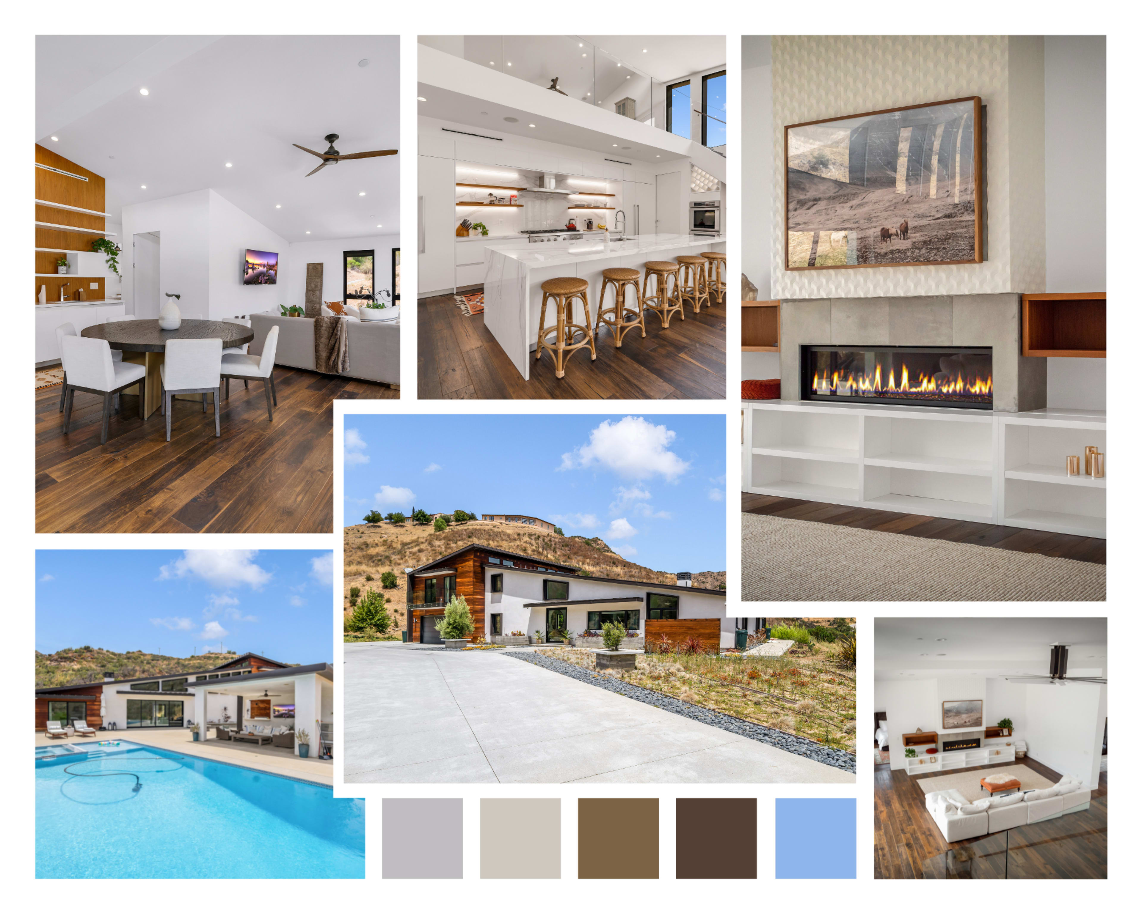 A modern residence featuring an open floor plan with a kitchen, dining area, and living room, a pool area, and various interior and exterior design elements.